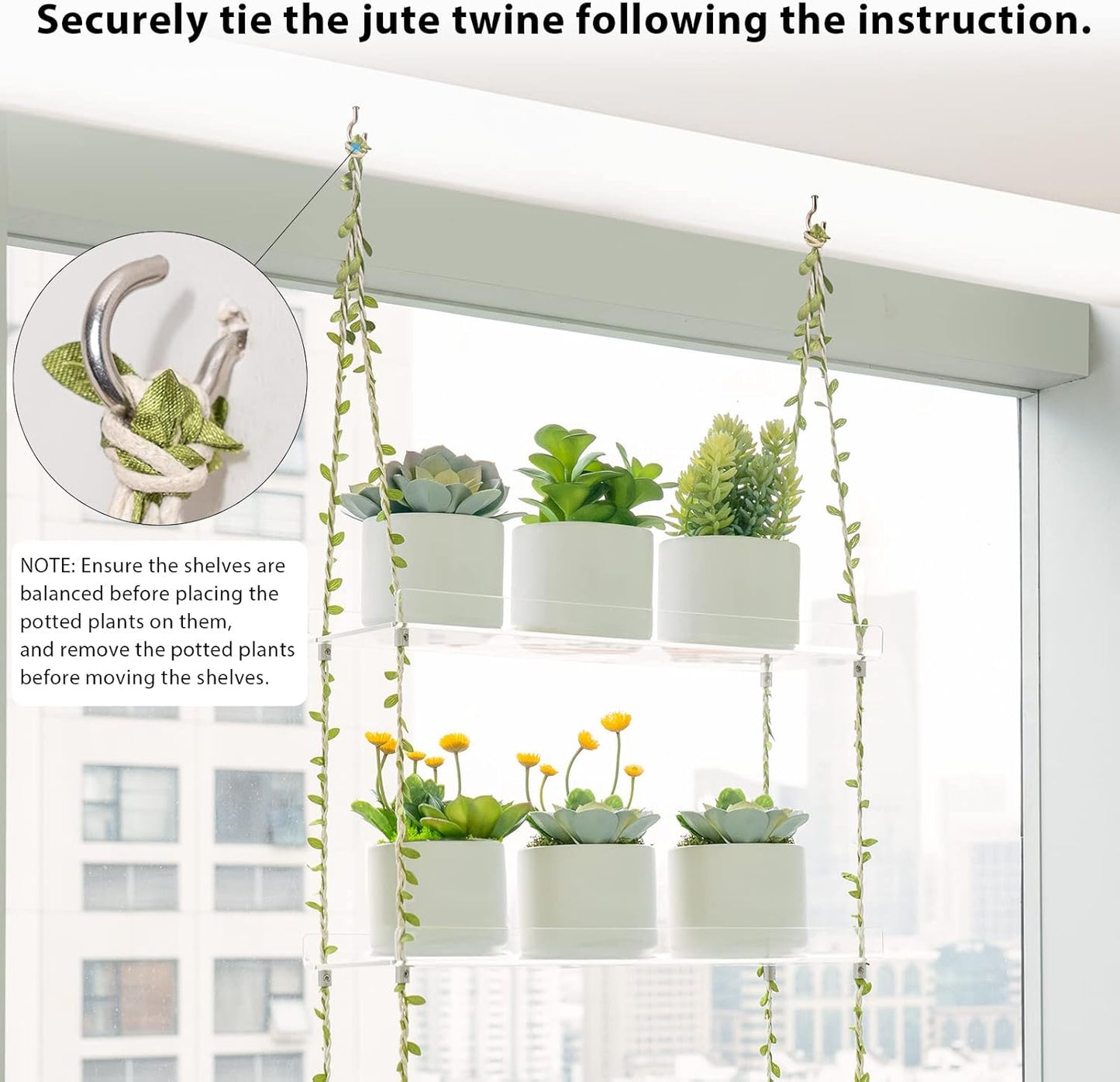 Sumerflos Acrylic Window Boxes Window Plant Shelves 2 Tier - Clear Hanging Shelf Indoor Jute Twine Adjustable Plant Holder for Window Wall Living Room Balcony Natural
