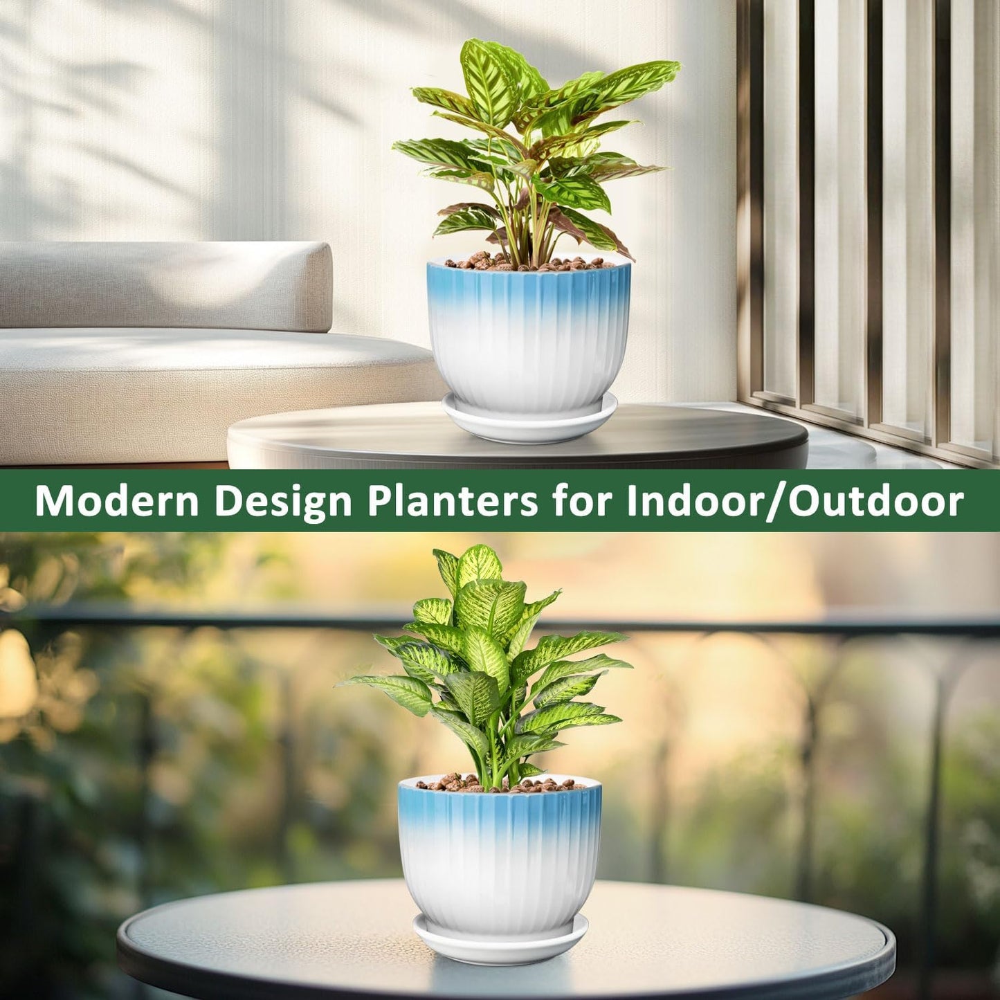 8 Inch Plant Pot, Ceramic Planter with Drainage and Saucer, Ceramic Pots for Plants, Indoor Plant pots,Ceramic Flower pots(Blue + White, Plants NOT Included)