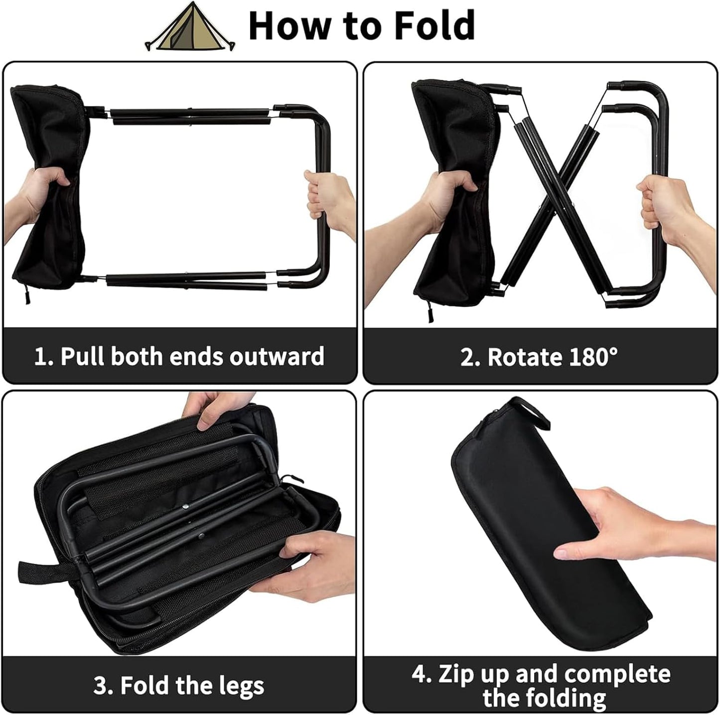 Hygite Portable Stool,10 Inch Small Folding Stool for Adults,Ultralight Black Camping Stools for Hiking and Fishing,Hold Up to 265 LBS