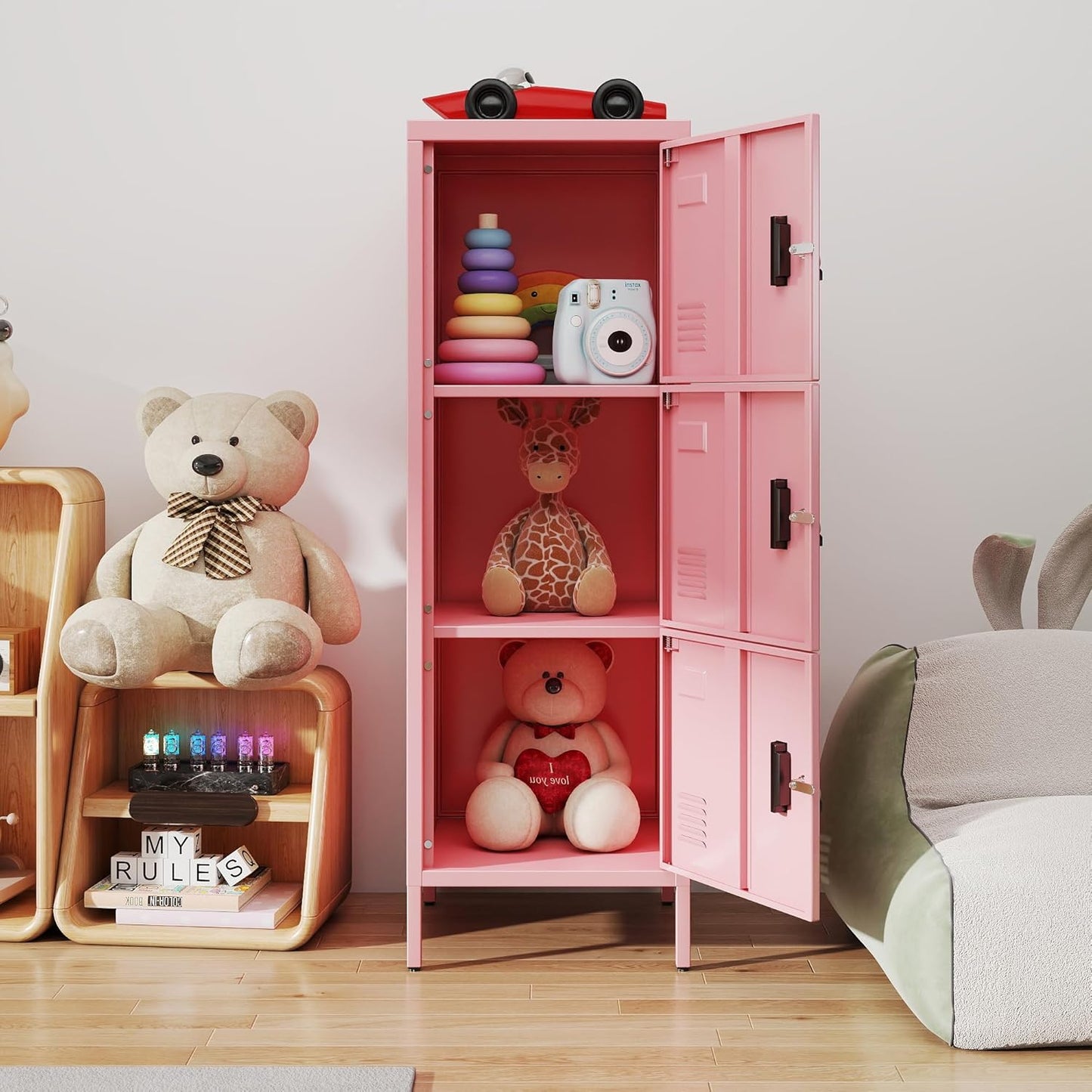 METAN Metal Storage Employees Locker with 3 Lockable Doors,47''H*16''W*16''D Locking Storage Cabinets for Small Spaces,Home,School,Gym,Assembly Required,Pink