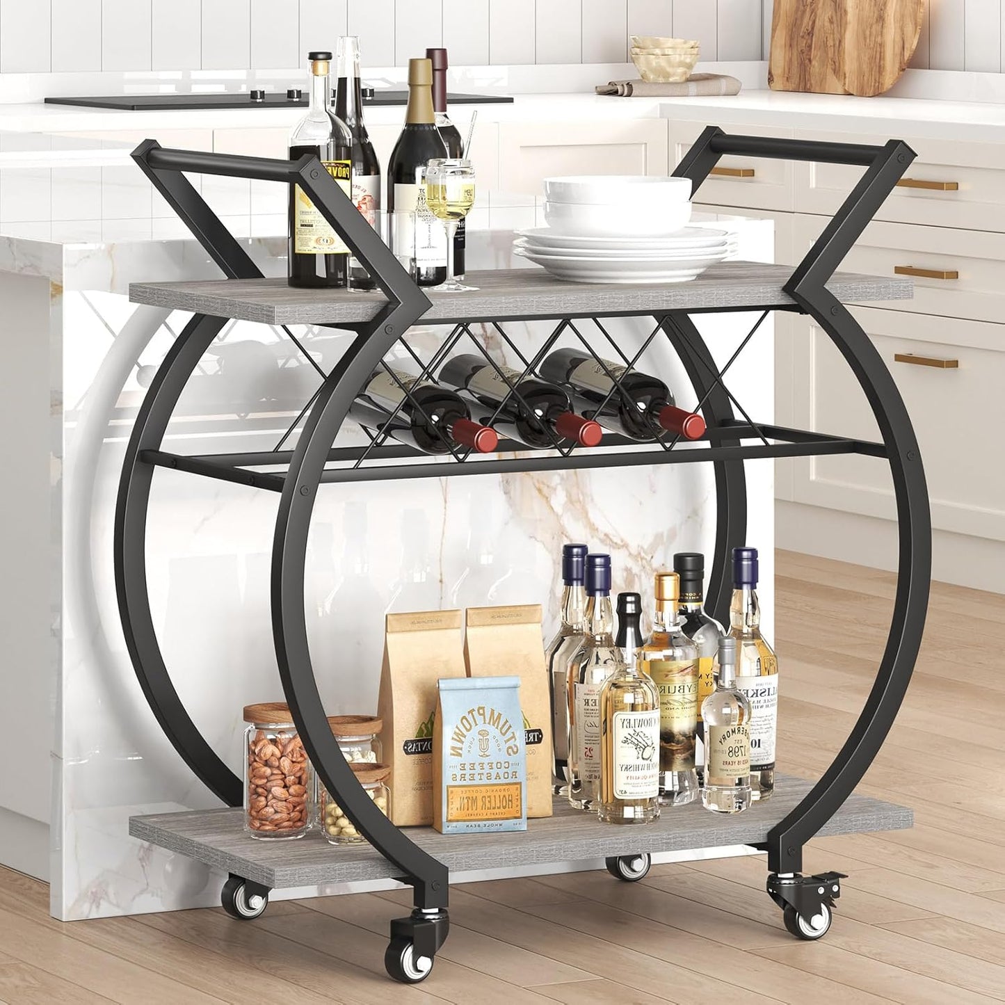 LVB Bar Cart with Wine Rack, 2 Tier Farmhouse Kitchen Cart on Wheels, Modern Wood and Metal Portable Coffee Cart Table for Home, Utility Industrial Mobile Serving Cart with Storage Shelf, Grey Oak