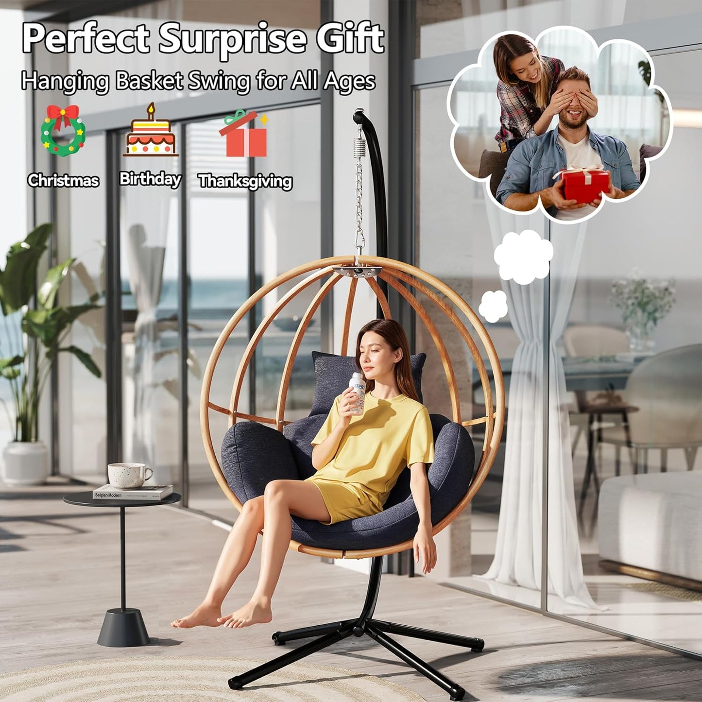 Egg Chairs Outdoor, Metal Hanging Egg Chair with Cushions, Heavy Duty 400LBS Imitation Wicker Egg Swing Chair with Stand, 80" H Hanging Chairs Cozy Basket Seat for Bedroom/Balcony, Charcoal