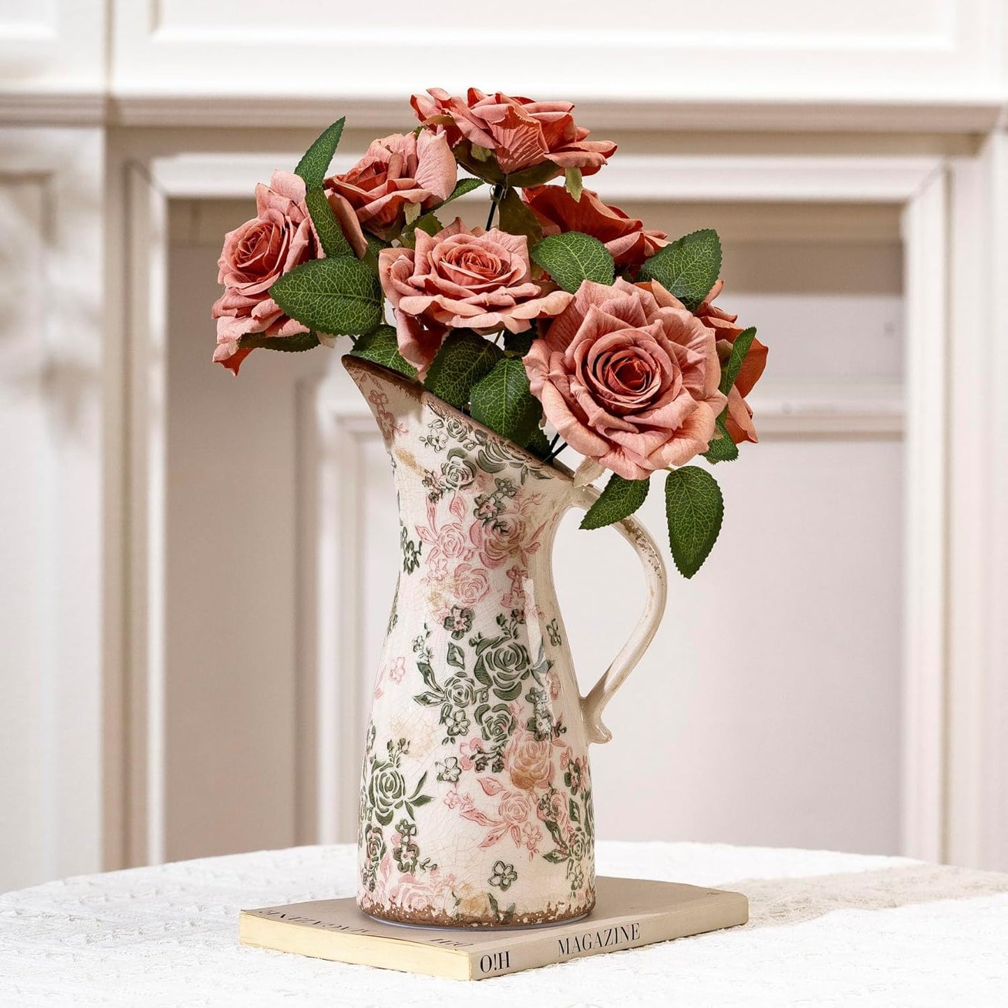 Vintage Ceramic Pitcher Vase with Handle, Farmhouse Green and Pink Large Floral Vases, Chinoiserie Decorative Vase, Rustic Table Centerpiece for Home Decor Living Room, Bookshelf, Office 10.5 Inch