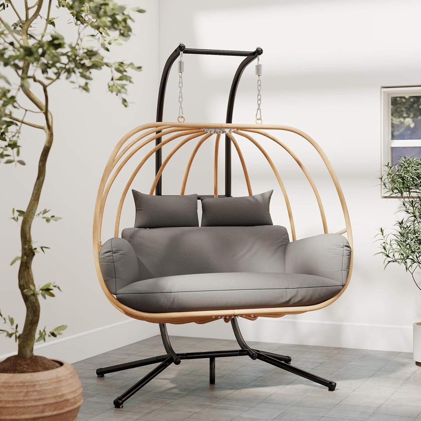 Double Egg Swing Chair Outdoor, 2 Person Egg Chair Outdoor with Cushions, Imitation Rattan Hanging Egg Chairs Basket, Hanging Chairs with Stand, Metal Nest Swing Egg Chair for Balcony, Grey