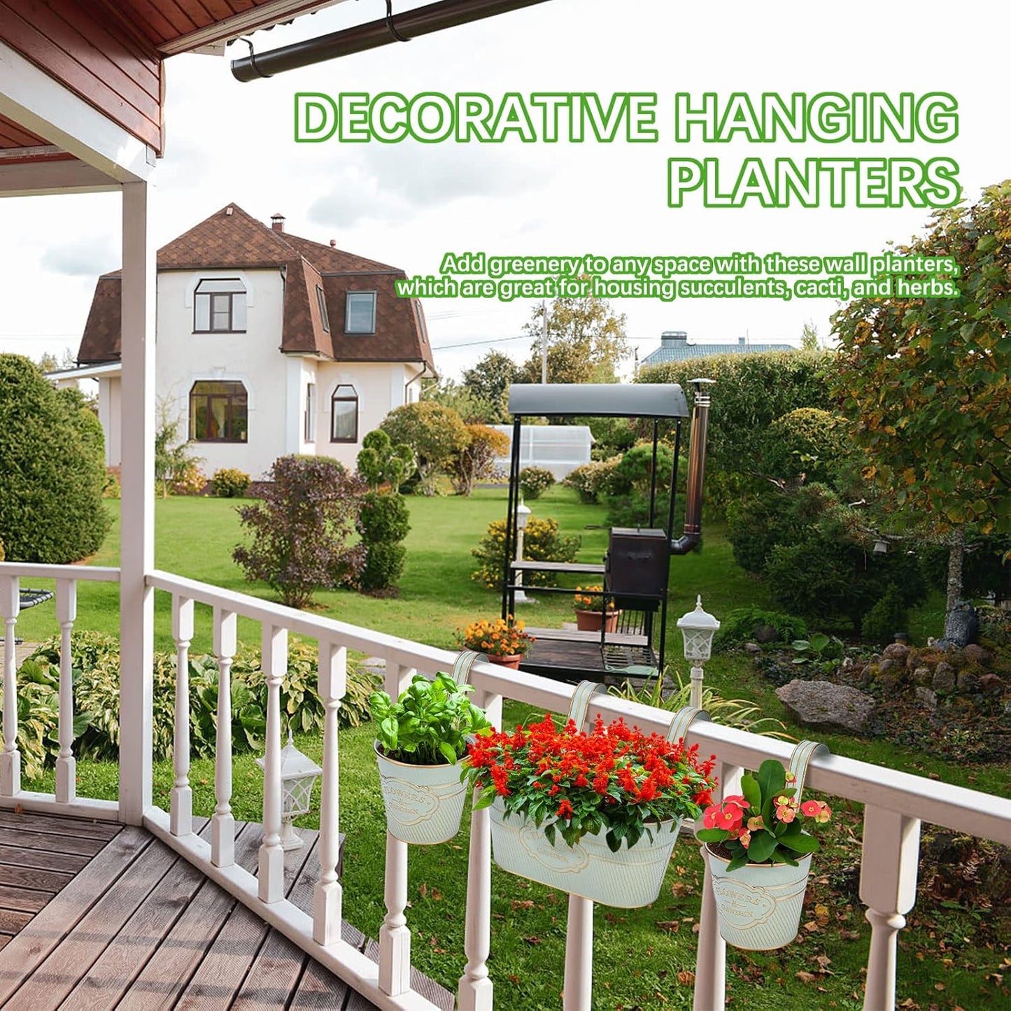 PerGar Vintage Metal Iron Wall Hanging Flower Pots, Rustic Planter Bucket Herb Flower Plant Holder with Detachable Hooks & Drainage Hole for Railing Fence Balcony Deck Garden Home Decoration, Set of 3