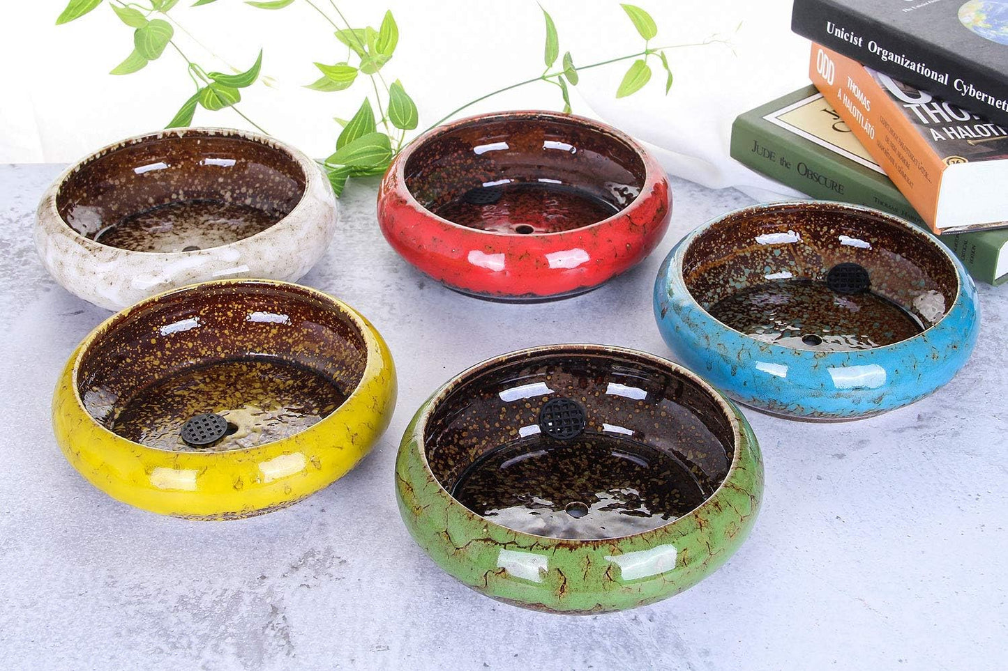 VanEnjoy 7.3 inch Round Large Shallow Succulent Ceramic Glazed Planter Pots with Drainage Hole, Bonsai Pots Garden Decorative Cactus Stand Flower Container (Yellow)