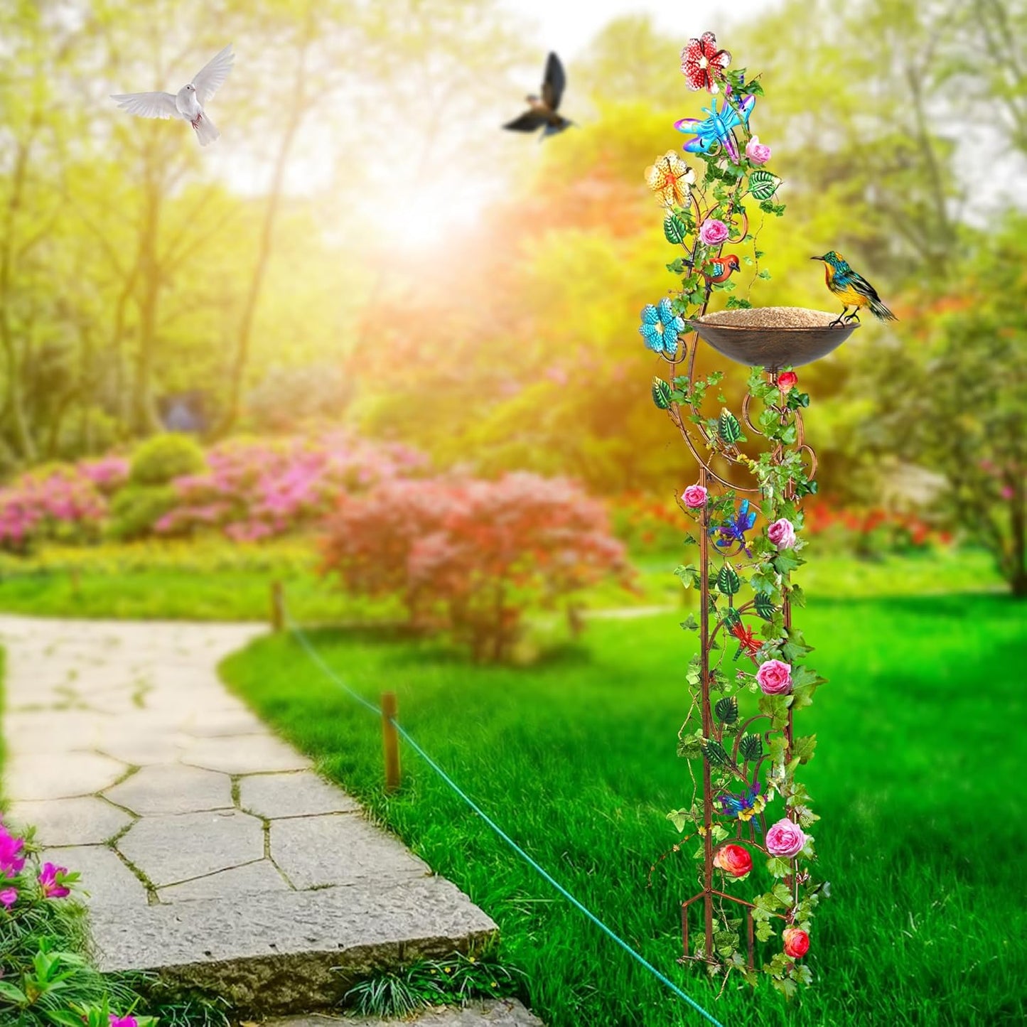 57” Bird Bath with Garden Trellis for Climbing Plants Outdoor, Small Decorative Metal Birdbath Bird Baths, Dragonfly (Dragonfly)