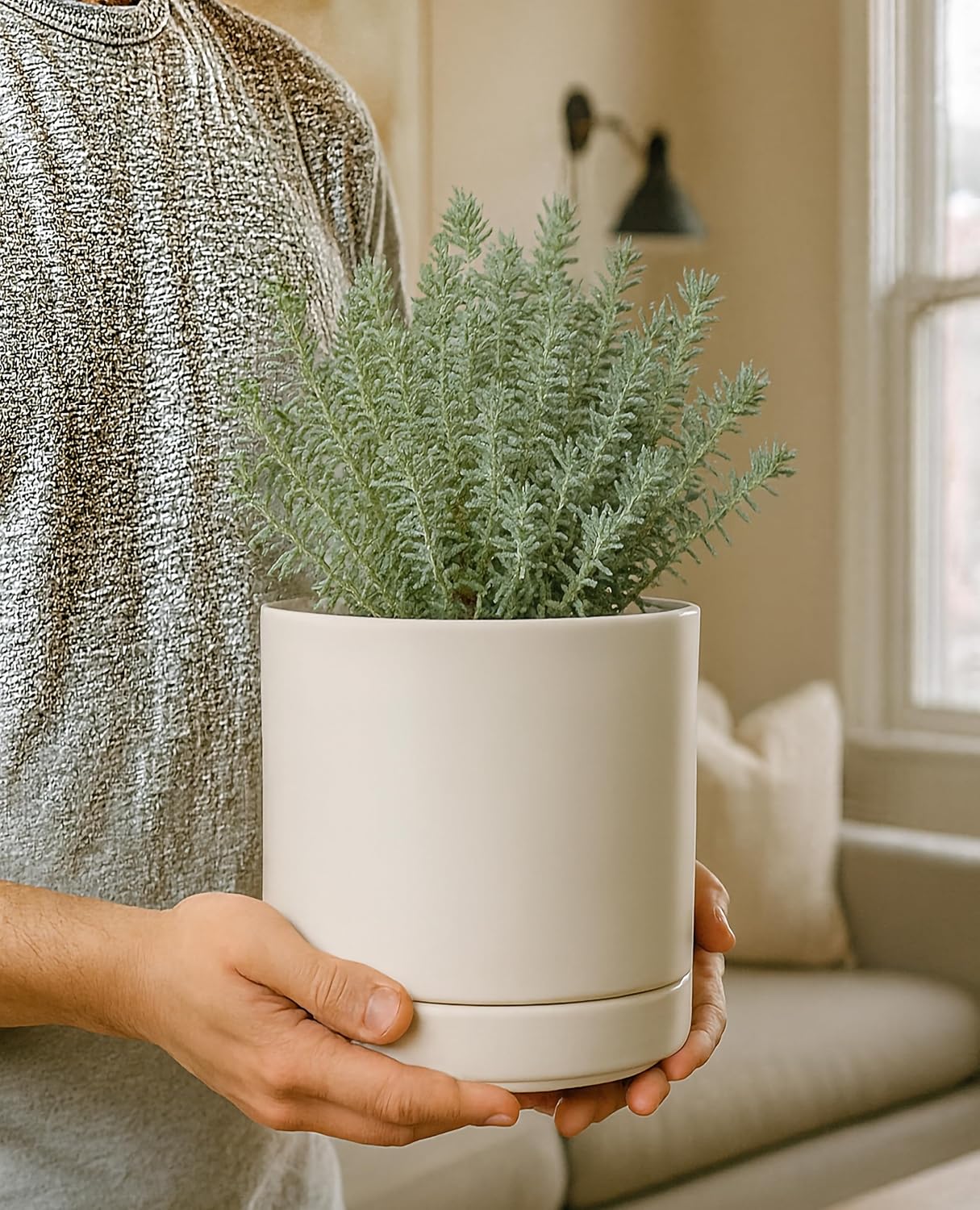 D'vine Dev 6.5 Inch Ceramic Planter Pot with Drainage Hole and Saucer, Indoor Cylinder Round Planter Pot, Oatmeal, 94-O-C-8