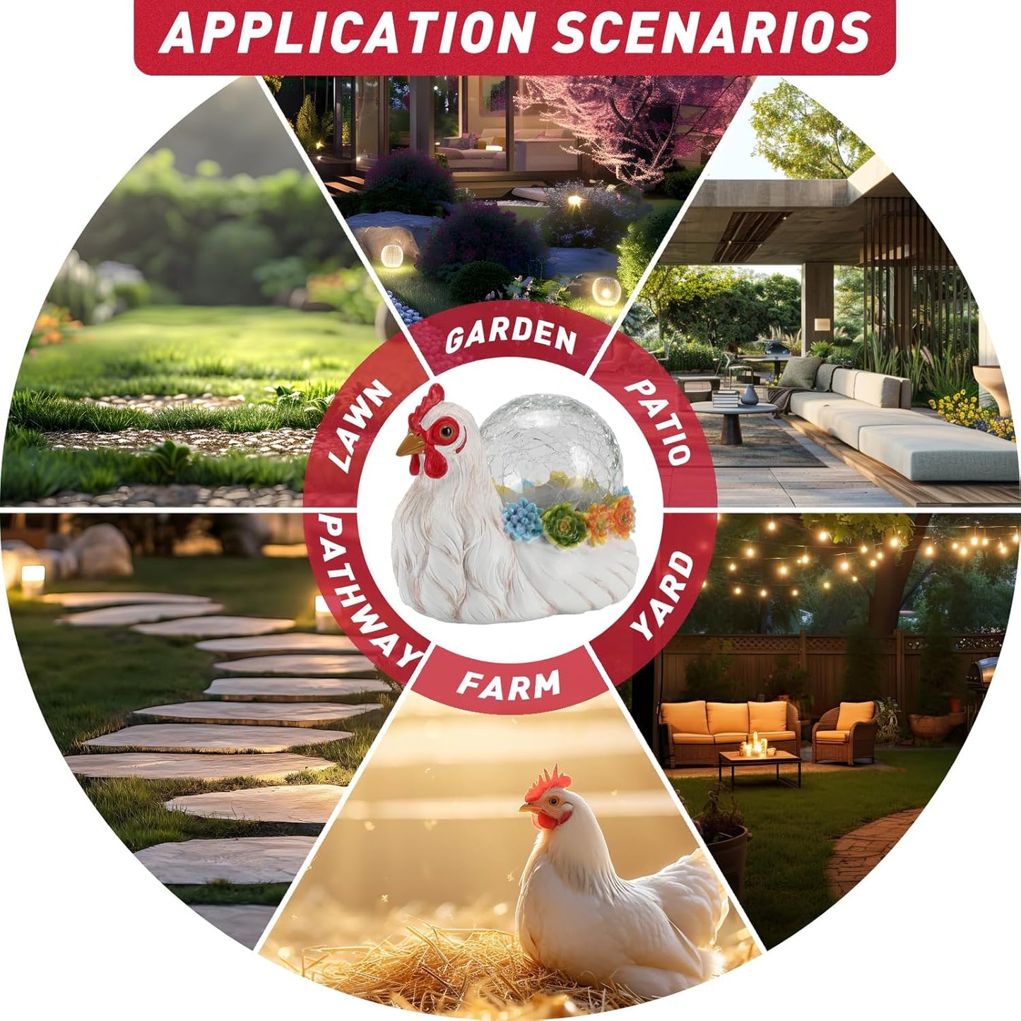 Solar Chicken Garden Statue Lights for Outdoor Decor with Cracked Glass LED Rooster Figurine Lighting Resin Succulent Hen Decorations for Patio Lawn Yard Home Housewarming Mom Wowen Gifts