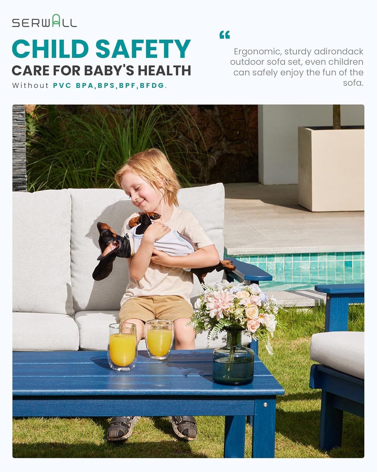 SERWALL HDPE Outdoor Couch Set of 2, Blue Frame and Khaki Cushion