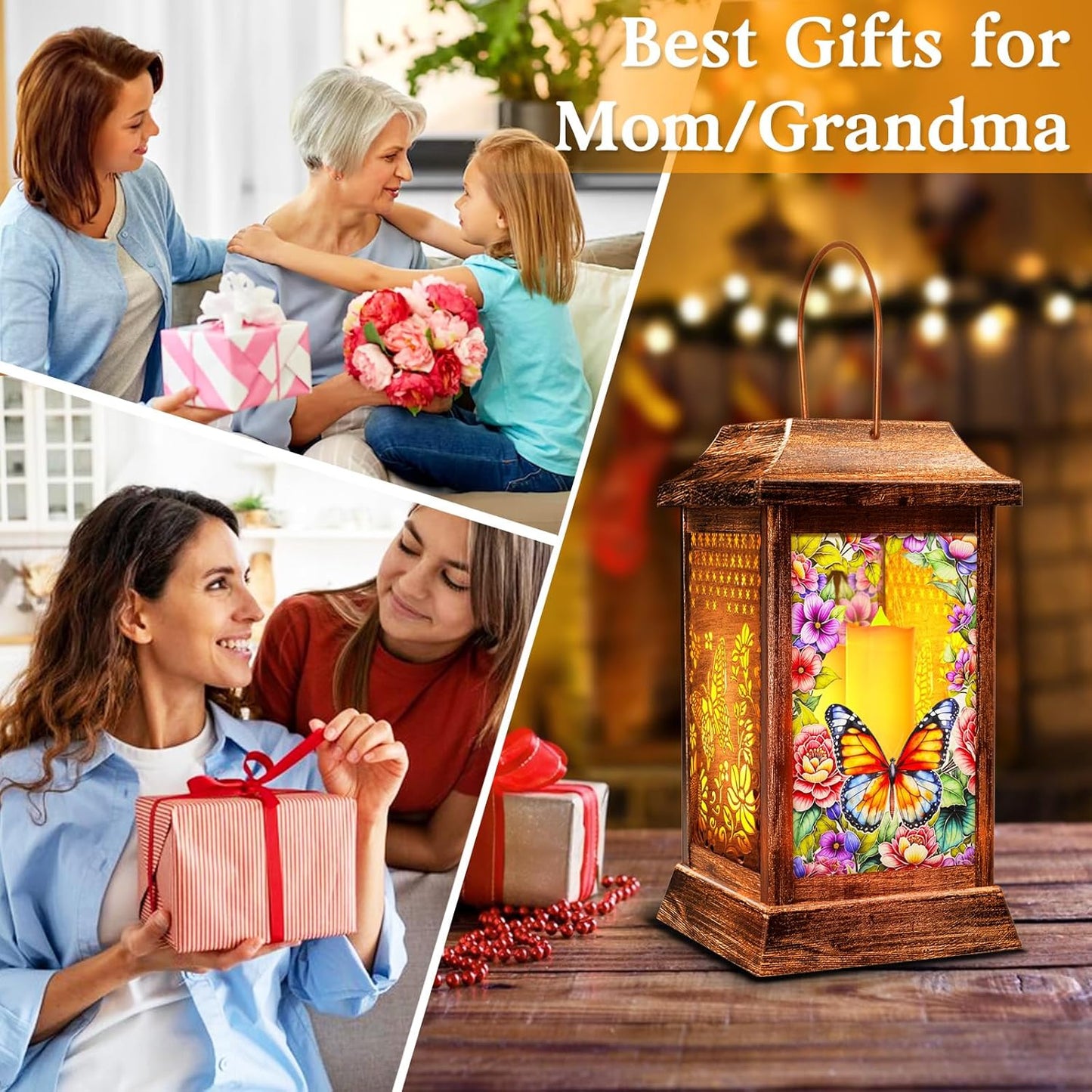 Butterfly Solar Lanterns Outdoor Waterproof, Metal & Glass Hanging Lights Garden Decor, Birthday Gifts for Women Mom Grandma Mothers Day, Decorative Lights for Outside Yard Patio Backyard Porch