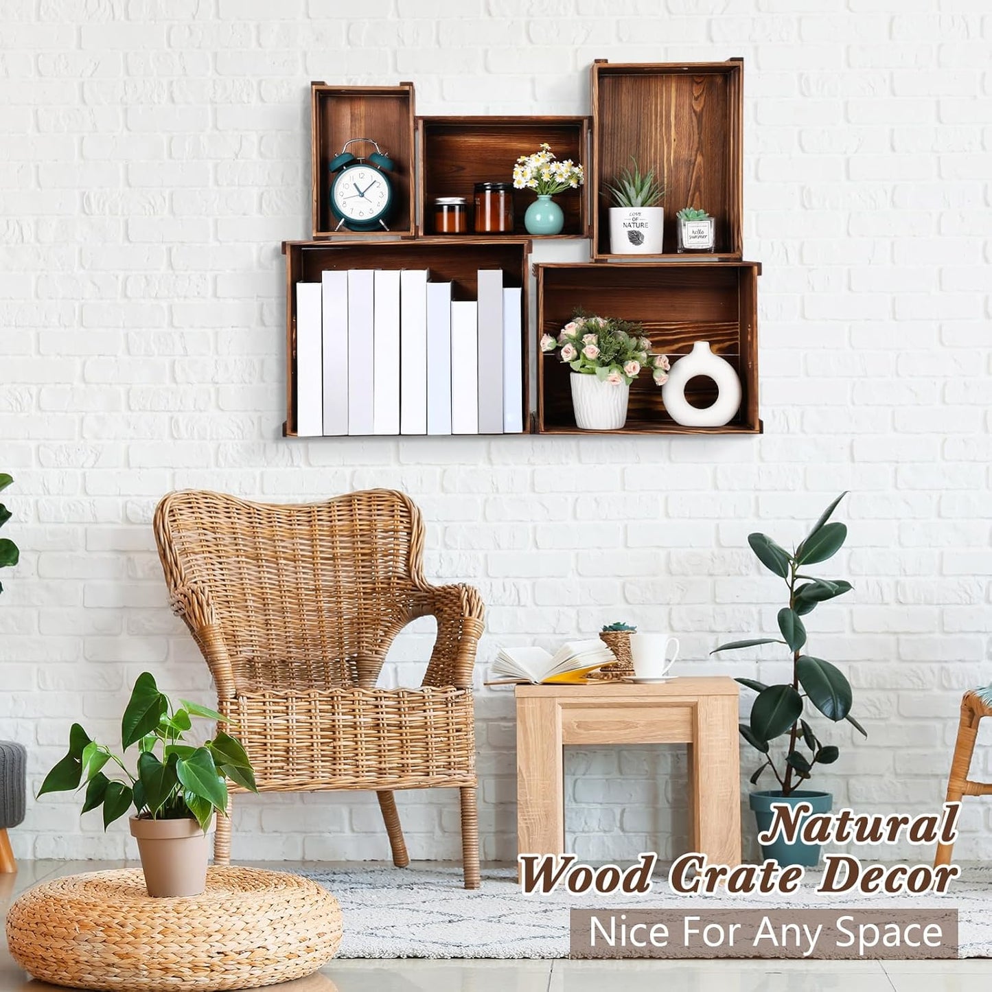 5 Pack Decorative Wood Crates for Display 5 Sizes Rustic Nesting Wooden Crates Vintage Storage Container Boxes with Handles Handmade Decorative Baskets Bin for Farmhouse(Rustic Brown)