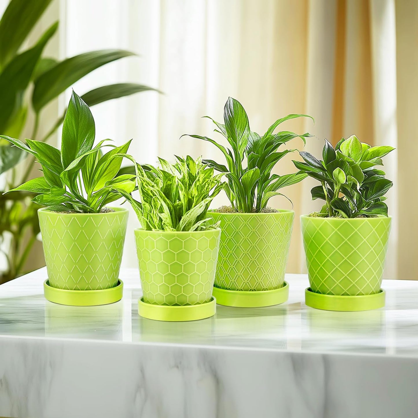 EFISPSS 5 Inch Ceramic Plant Pots Indoor, Planters with Drainage Holes and Ceramic Tray, Relief Design Flower Planter,Desktop Office Windowsill Decoration Gift Set of 4 - Green