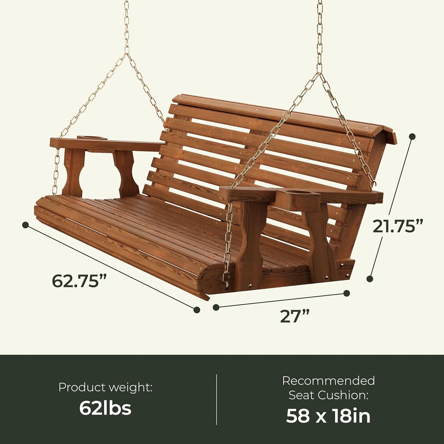 Amish Casual 4 Foot Roll Back Porch Swing with Cup Holders in Oak Stain - Amish Made in The USA from Treated Pine Heavy Duty 700 Lb. Weight Capacity