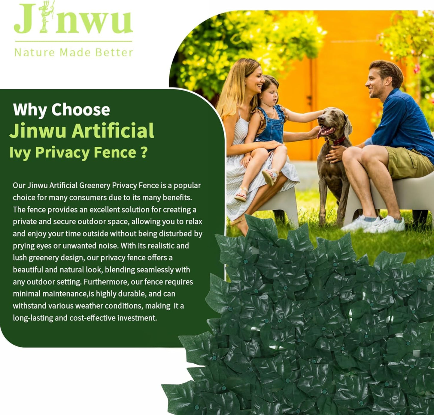 Jinwu Artificial Ivy Privacy Fence Screen, 39.4x354.3 inch Artificial Faux Ivy Hedge, Expandable Faux Privacy Fence with 80 pcs Zip Ties Decoration for Wall Screen, Outdoor Garden, Wedding Decor