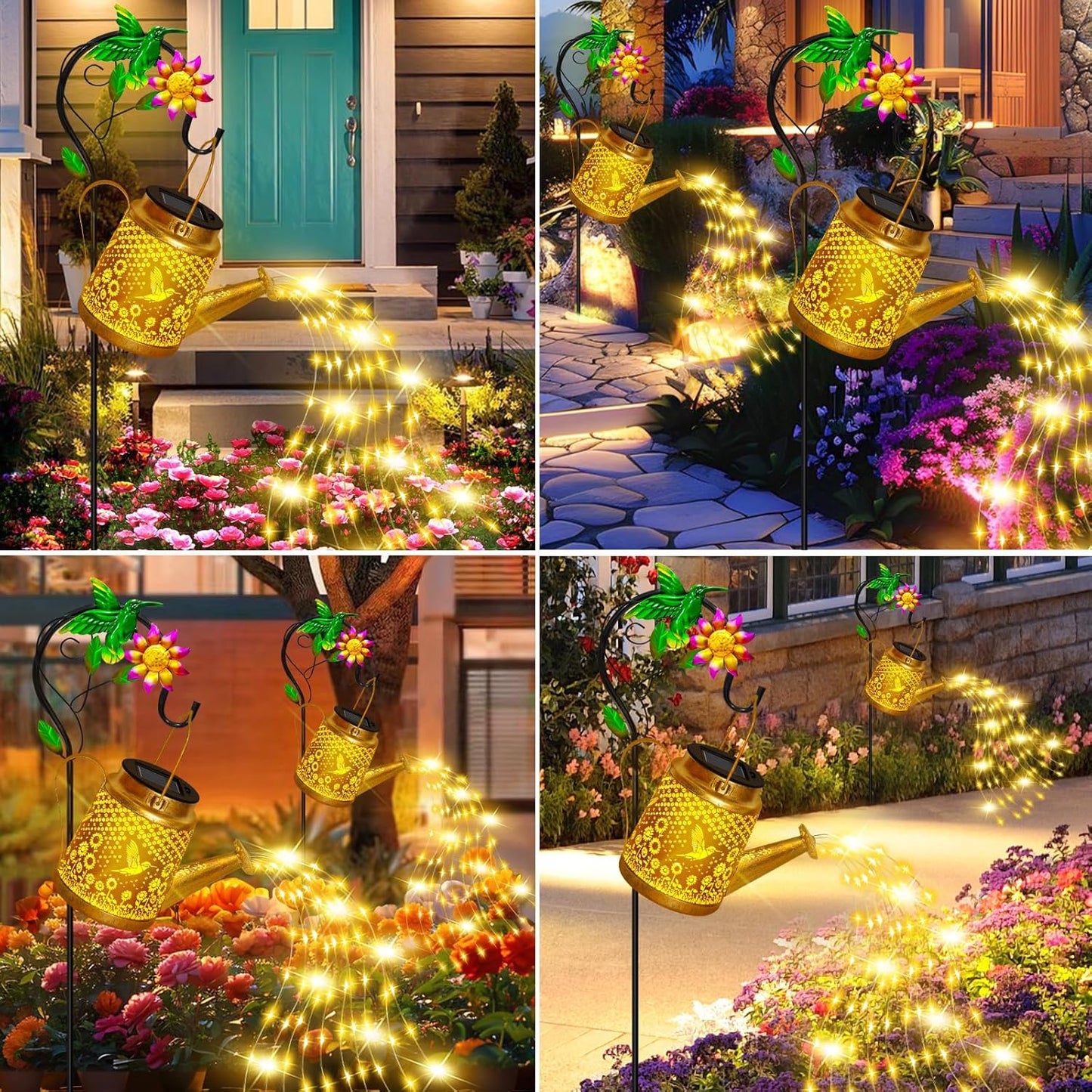 Hummingbird Solar Lanterns Garden Decor, Outdoor Waterproof Watering Can with Shepherd Hook, Solar Garden Decor for Yard Outdoor Landscape Pathway, Gifts for Women Mom Grandma Birthday, Mothers Day