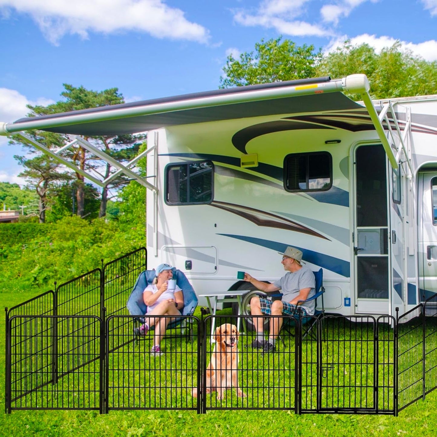 ADAVIN Dog Playpen Outdoor, 24in(H) x 9.8Ft(L) 4 Panels Animal Fence for Yard, Low Threshold Gate,Black Metal Garden Fencing, Temporary Fence for Puppy and Small Dogs, Dog Play Pen for RV Camping