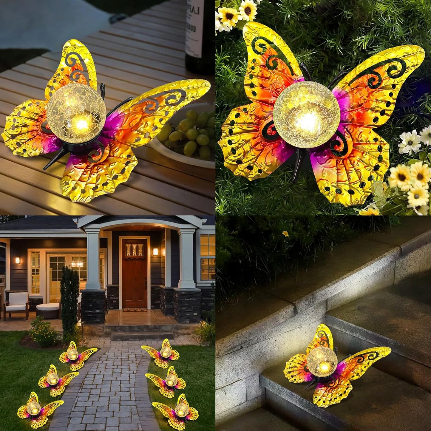 Solar Lights Outdoor Garden Butterfly Decor, Metal Butterfly Statue Decoration with LED Crackle Glass Globe, Solar Powered Lighted Garden Art Decor for Patio Lawn Yard Pathway Tabletop Ground