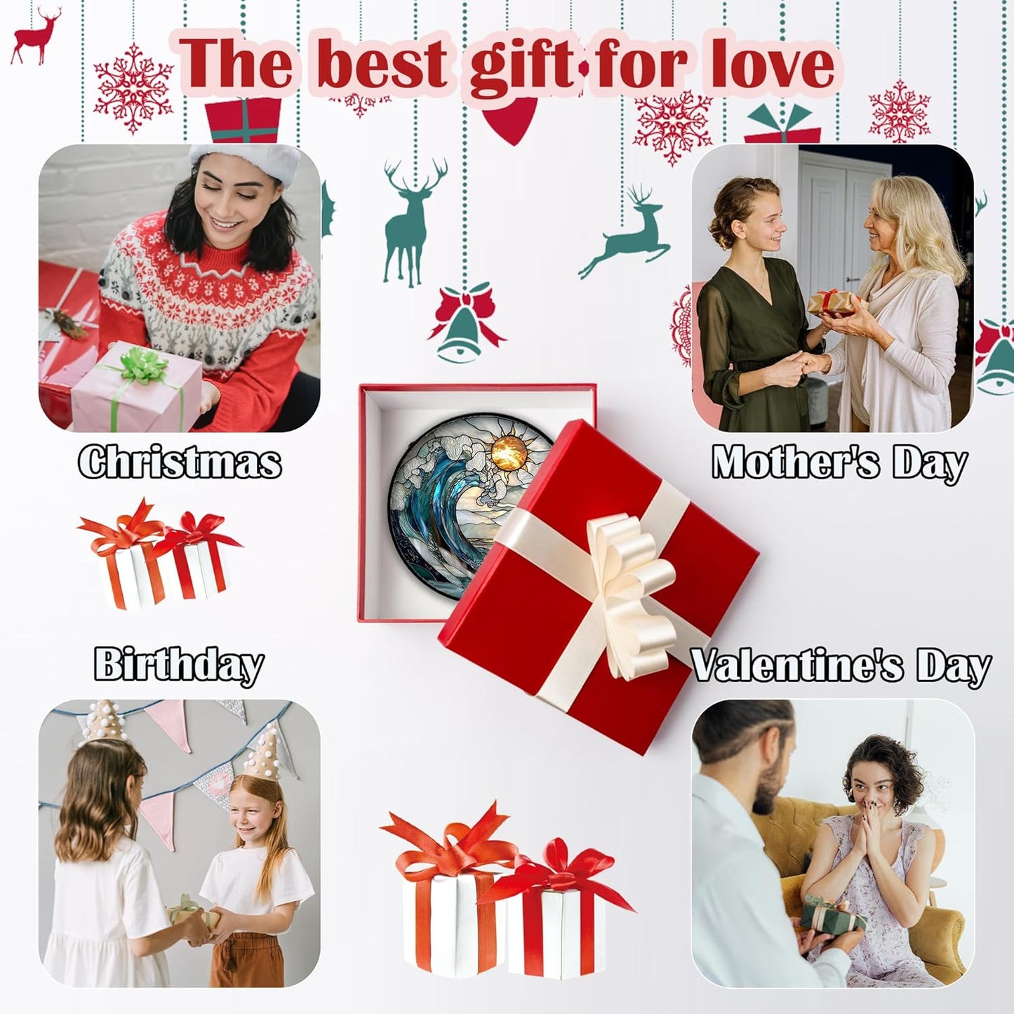 Stained Glass Window Hanging, Blue and White Waves Suncatcher Diamond Glass Panel Landscape Sun Catchers Decor for Birthday for Women, Men, Wife, Aunt, and Mom 6.3 x6.3 in