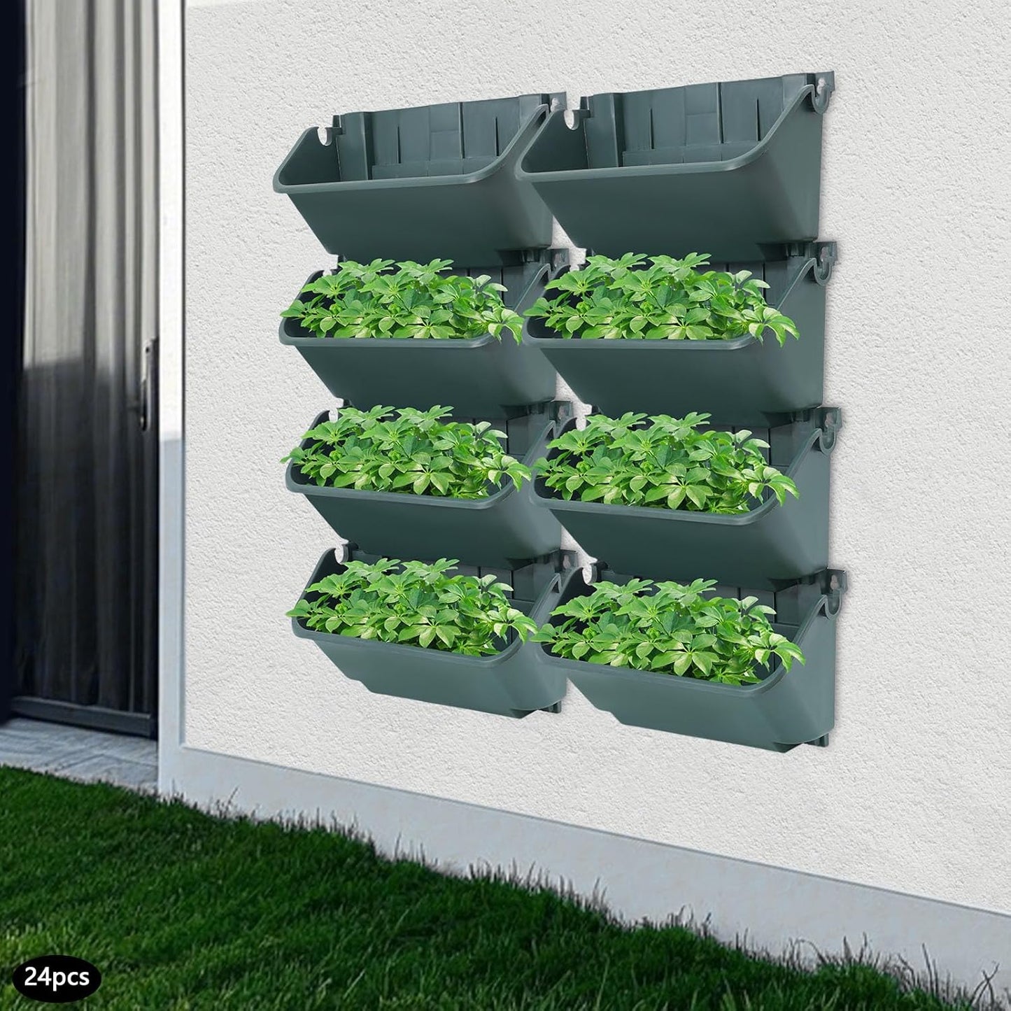 Eapmic Vertical Wall Planter with 24 Pots, Hanging Garden Plant Flowerpot Holder, Stackable Wall-Mounted Planter, Balcony Planters for Flowers Vegetables Fruits (Army Green, 24 Pots)