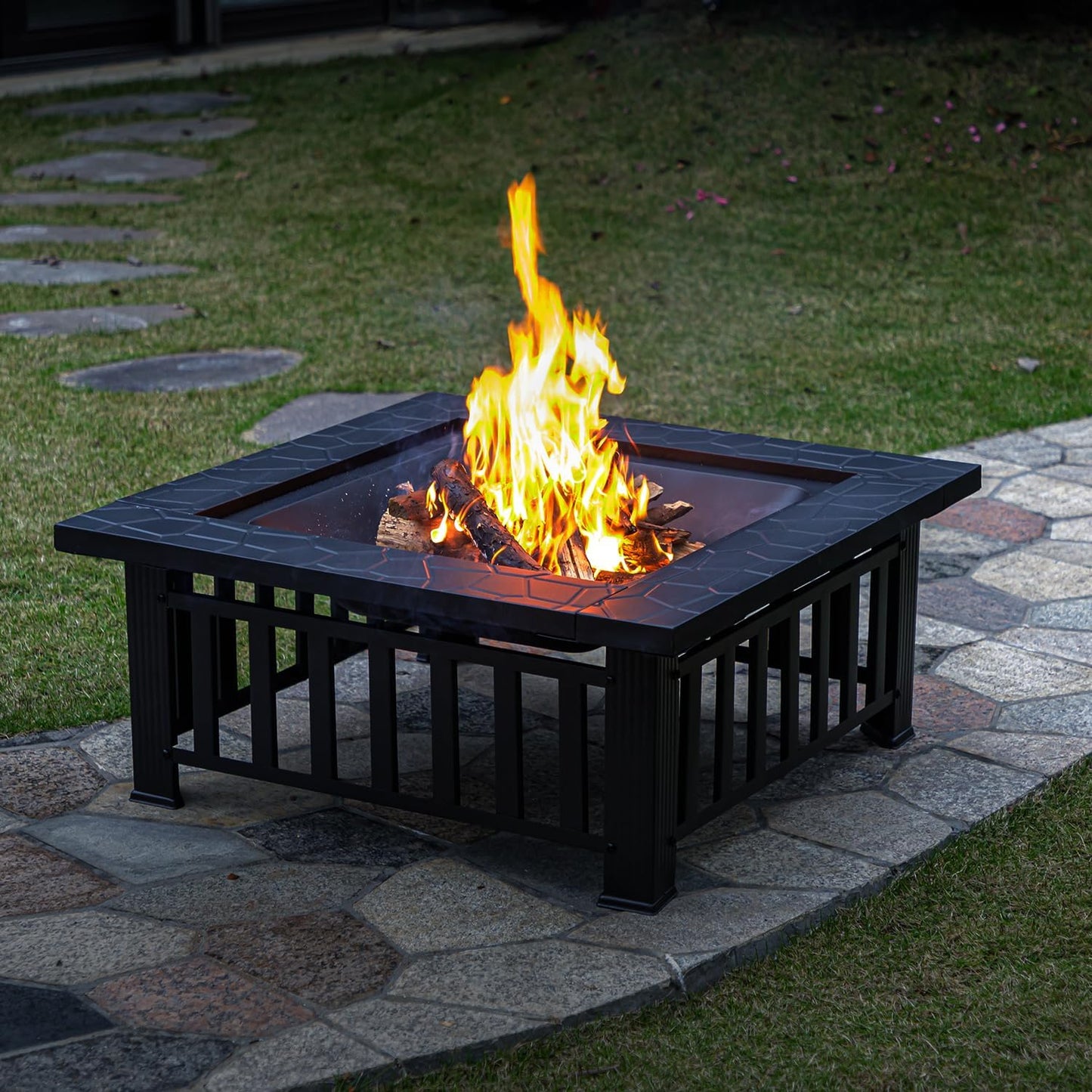 Multifunctional Fire Pit Table 32 inch Square Metal Firepit Stove Backyard Patio Garden Fireplace for Camping, Outdoor Heating, Bonfire and Picnic