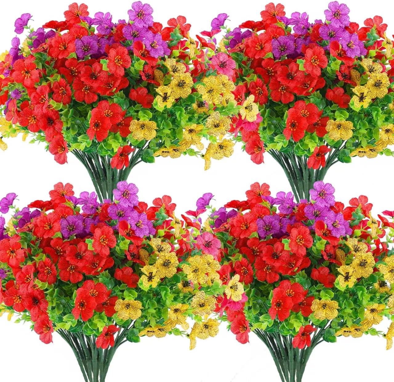 36 Bundles Artificial Flowers Outdoors UV Resistant Fake Plastic Spring Mum Flowers Colorful Silk Plants for Outside Porch Window Patio Home Decor(36, Red, Purple, Yellow, Rose Red)