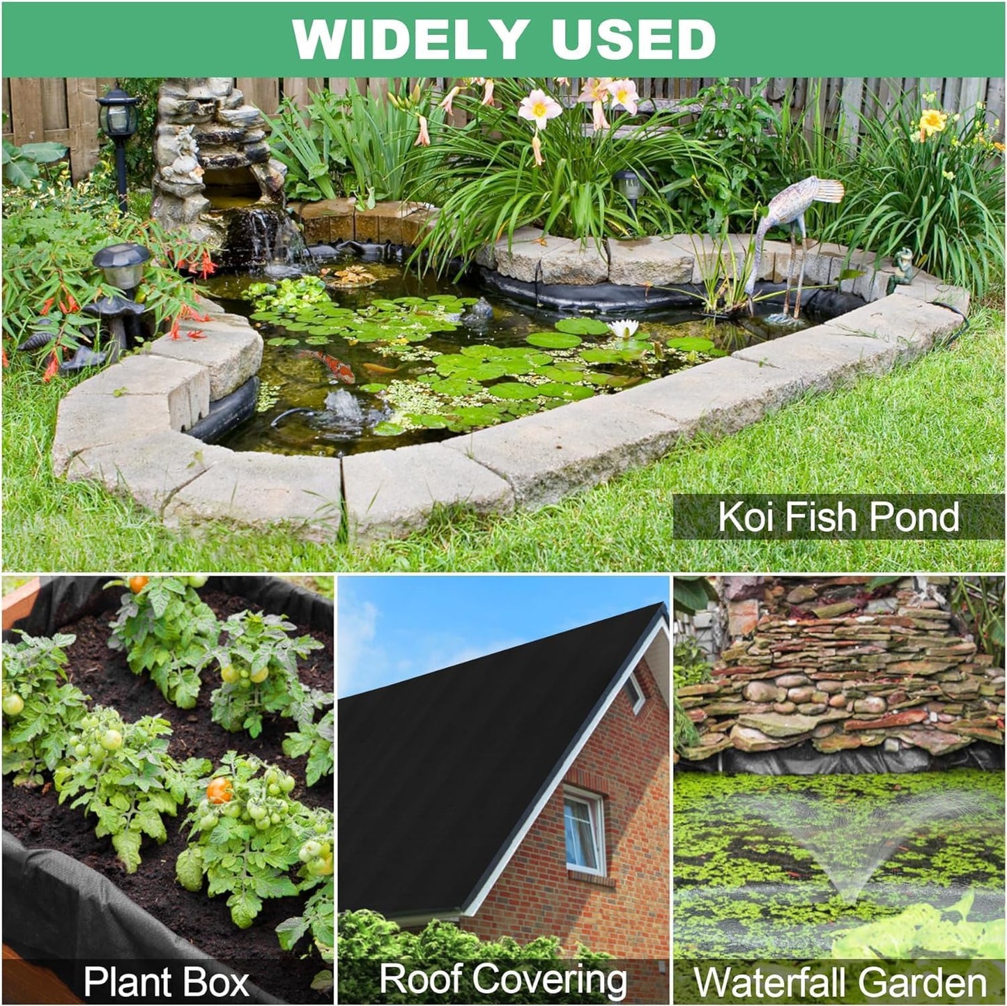 MYFAMIREA 15 x 20FT Pond Liner, 28Mil PE Preformed Pond Liner with 14 Hemmed Edge Buttonholes Sun Resistant Easy Cutting for Outdoor Ponds, Fish Koi Ponds, Garden Fountain, Waterfall Ponds