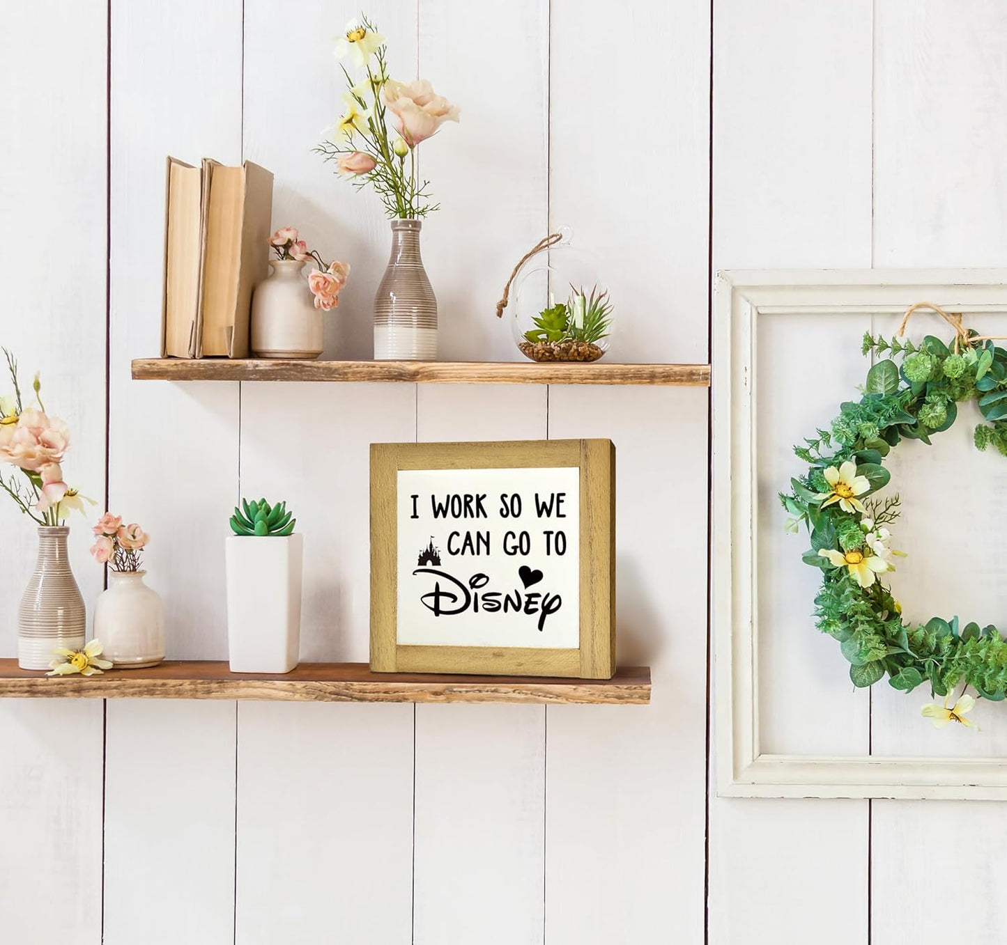 Inspirational Wood Signs, Box Wood Plaques Desk Décor, Decorative Plaques and Signs, Rustic Office Decor Art, Motivational Office Desk Decor, Farmhouse Home Decoration, I Work So We Can Go to Disney C