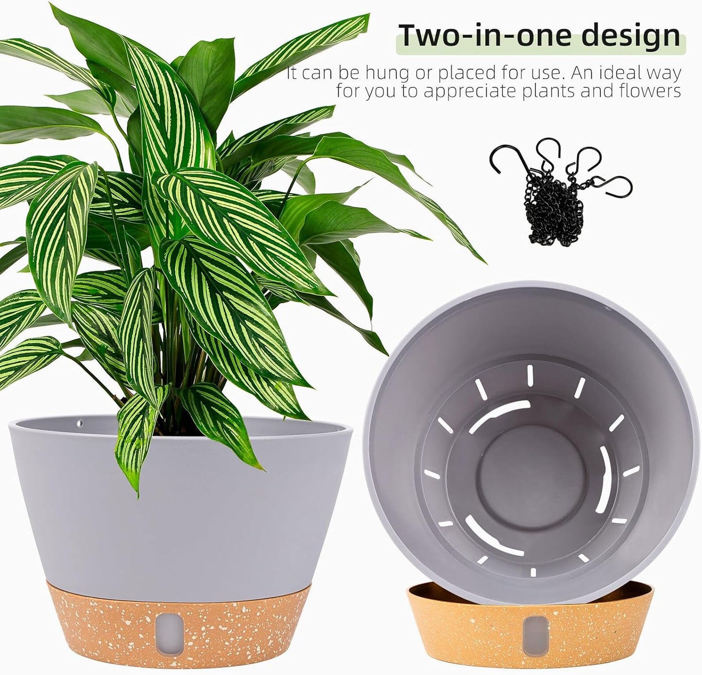 QCQHDU 2 Pack Hanging Planters for Indoor Outdoor Plants, 10 Inch Hanging Baskets Flower Pots with Reservoir Tray & Visible Water-Level