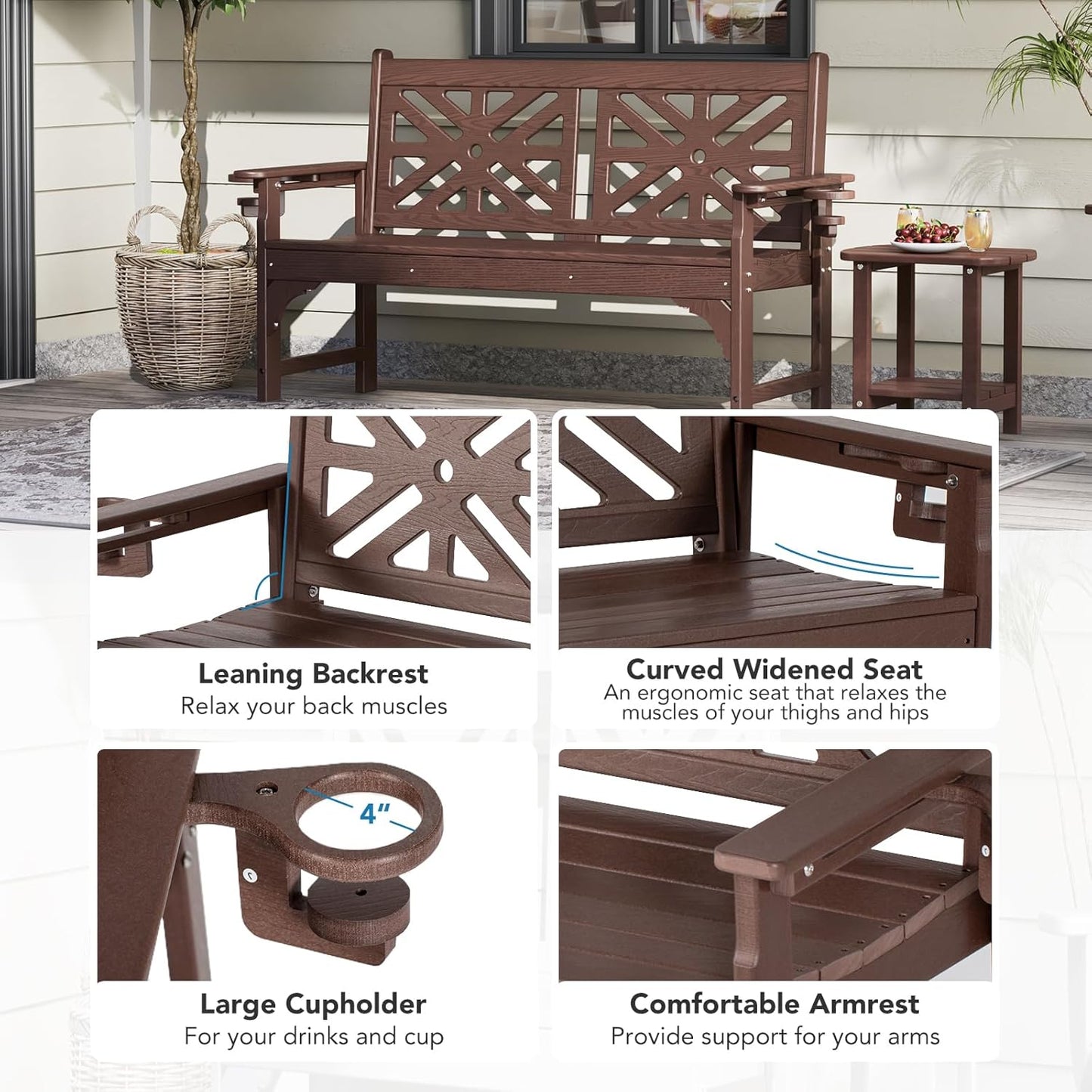 Oversized Outdoor Bench with Cup Holders, 51.5” HDPE Aesthetic Garden Bench for 2 Person, Memorial Benches - Easy Assembly & All Weather, for Porch & Patio, 800lbs Load Capacity (Brown, 1pc)