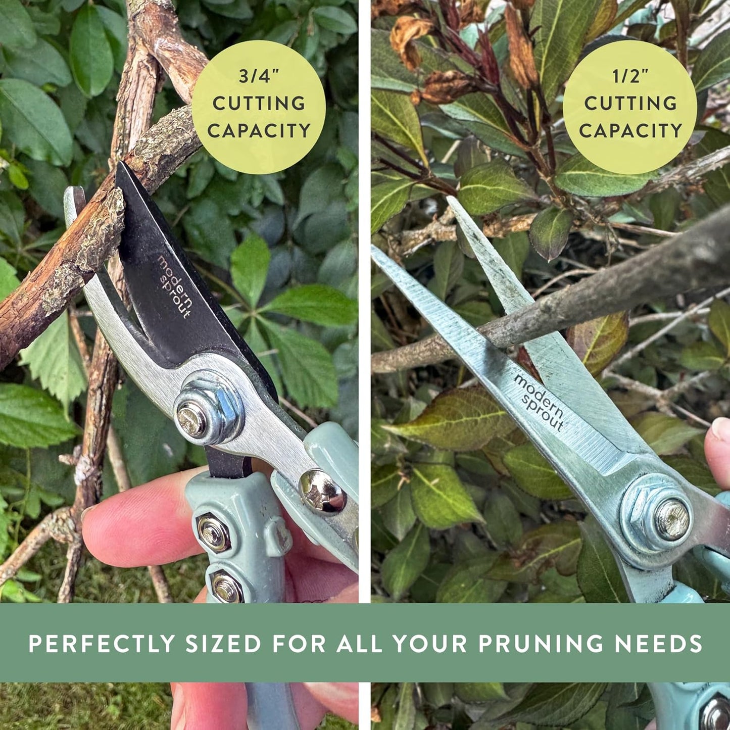 Modern Sprout Hand Pruners & Shears Set - Lightweight Gardening Tools W/Easy Lock - Sharp Carbon Steel Blades -Rust Resistant Scissors for Herbs, Flowers - Reusable Holster - Sage