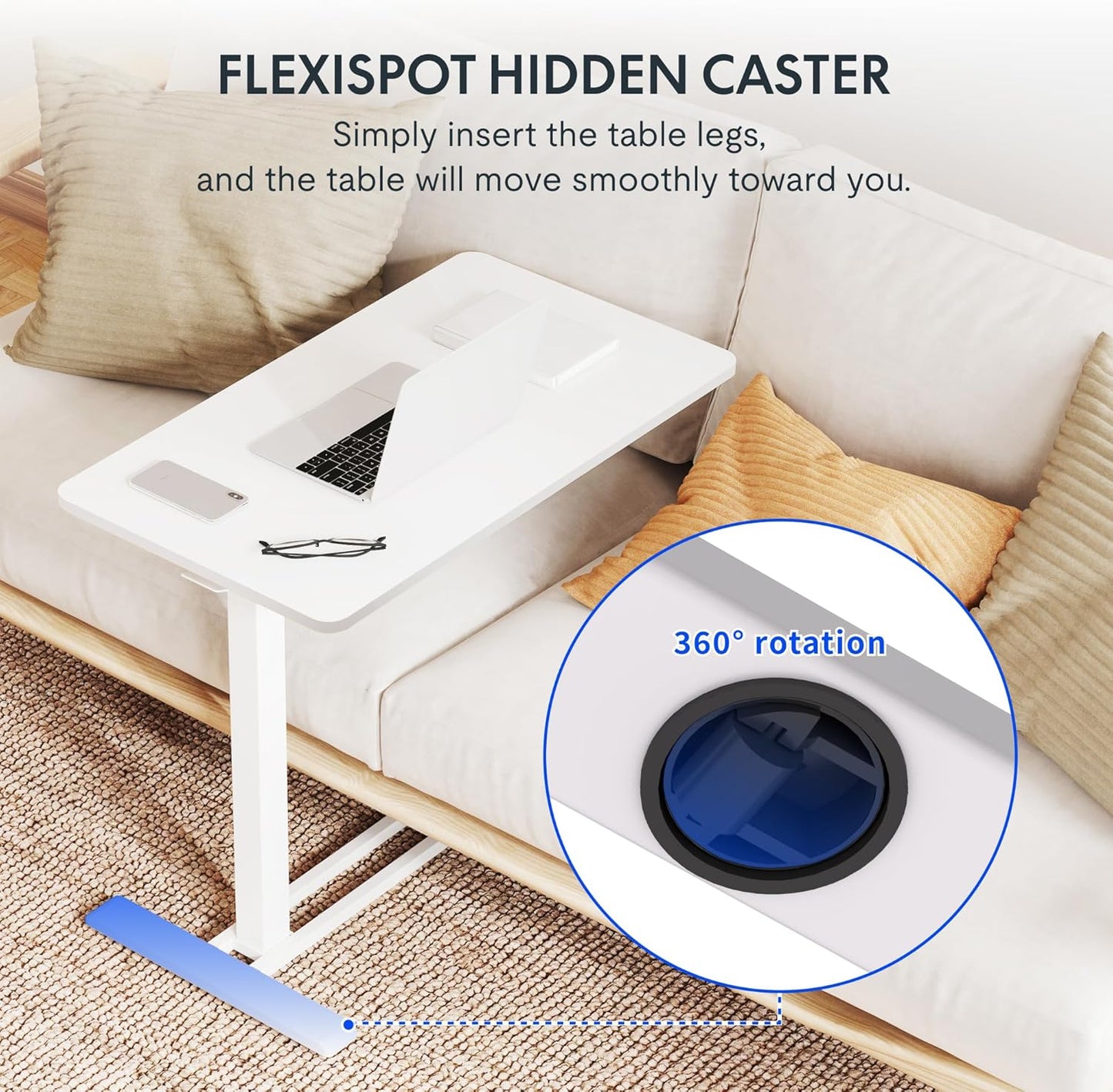 FLEXISPOT Adjustable C Table with Wheels, Mobile Snack Side End Table Sofa Couch Bedside Table Laptop Rolling Cart TV Tray Night Stand Small Space Side Table,(27.6" W x 15.7" D,White)