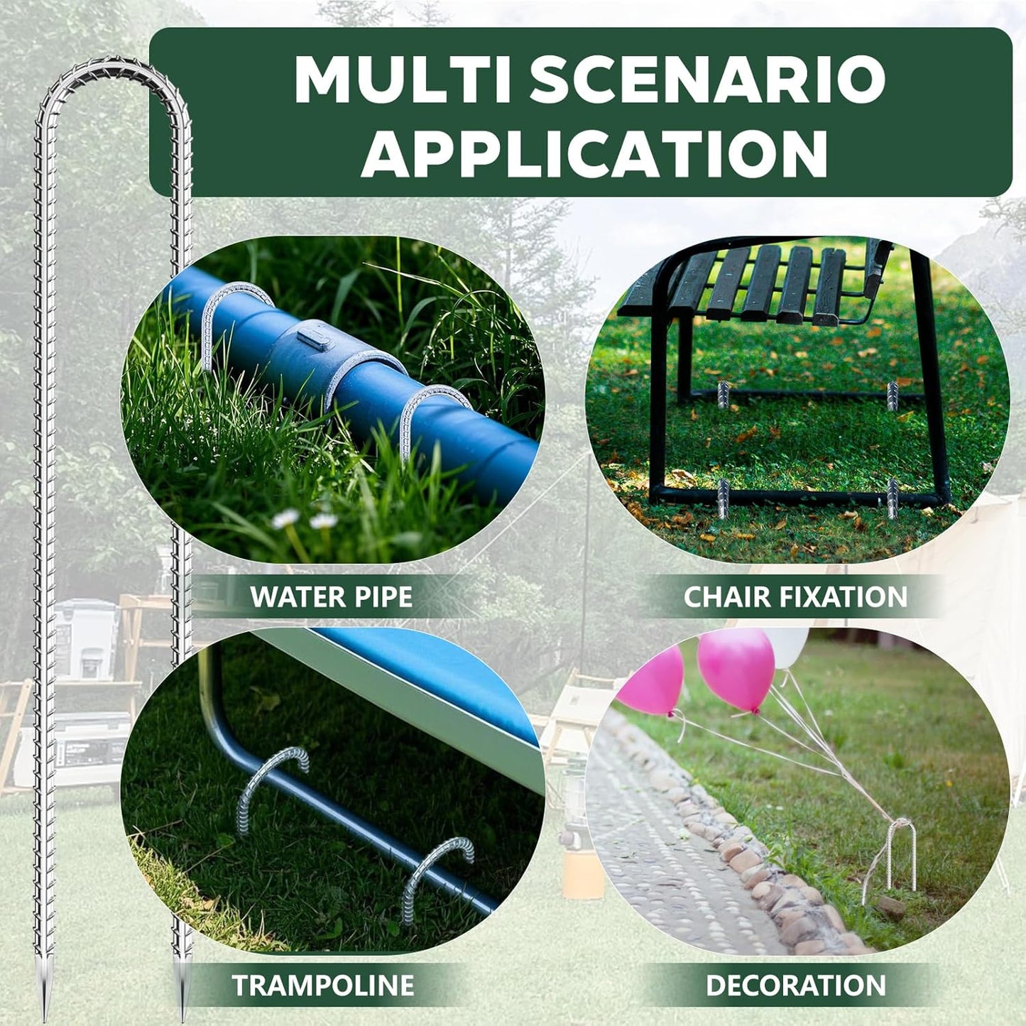 20 PCS Trampoline Stakes Anchors High Wind Heavy Duty,U Shaped Garden Hooks Stakes for Ground,Trampoline Tie Down Anchor Kit,Bounce Horseshoe House Stake,Rebar Camping Tent Stakes,16 Inch Long Silver