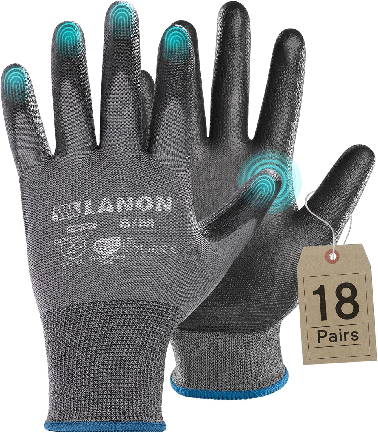 LANON 18 Pairs Safety Work Gloves, Mechanic Working Gloves for Men,Breathable PU Coated, Seamless Knit,Double Wash, Grey, Medium