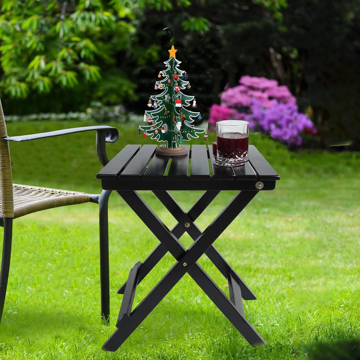 Outdoor Patio Side Table Set of 2 Small Wood End Square Table Folding Coffee Furniture for Living Room, Bedroom, Plant Stand, Camping Portable Black