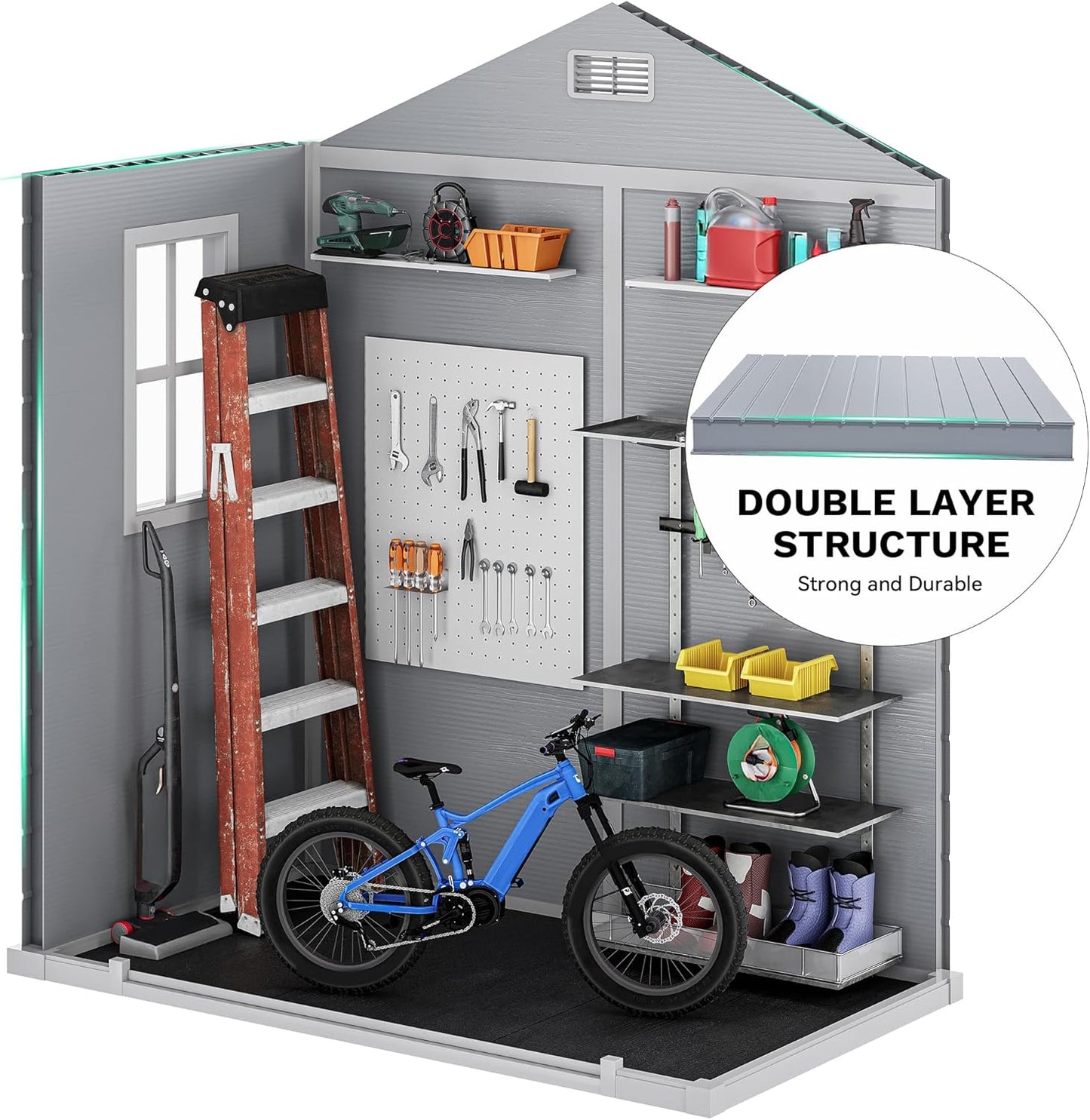 DWVO 6x4 FT Outdoor Resin Storage Shed with Reinforced Floor, All-Weather Bike Storage Shed with Lockable Door, Window and Vent, Waterproof Plastic Tool Storage for Garden, Backyard, Patio, Lawn