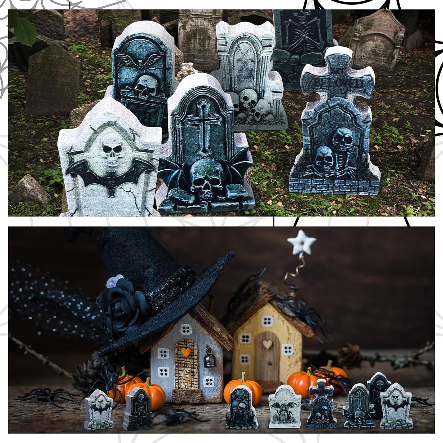 Kathfly 9 Pieces Halloween Miniature Tombstones Mini Village Tombstones Halloween Figurines Miniature Spooky Town for DIY Crafts Outdoor Home Garden Decor(Double Color Style)