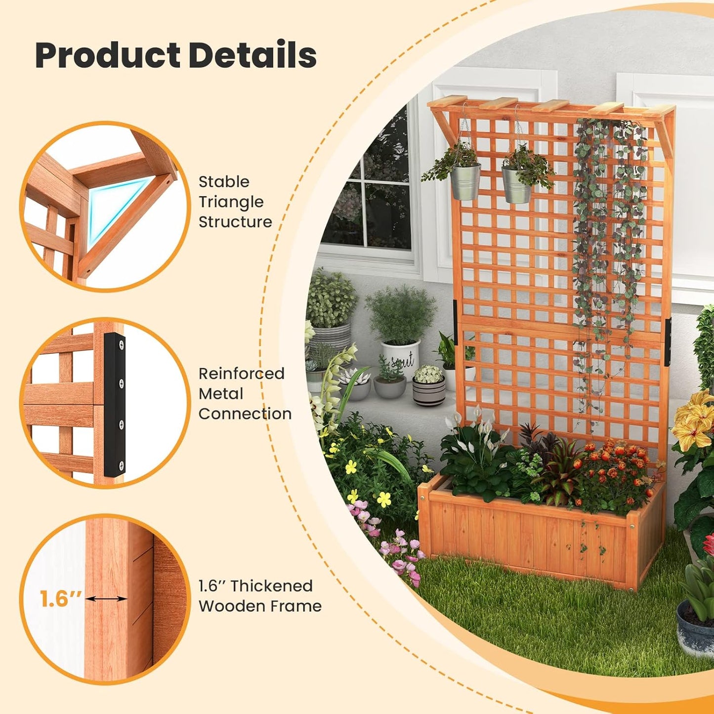 Giantex 2 Pcs Raised Garden Bed with Trellis & Roof, 72.5" Wooden Garden Bed, High Trellis for Plant Flower Climbing Pot Hanging, Indoor & Outdoor Planter Box for Yard, Garden, Balcony