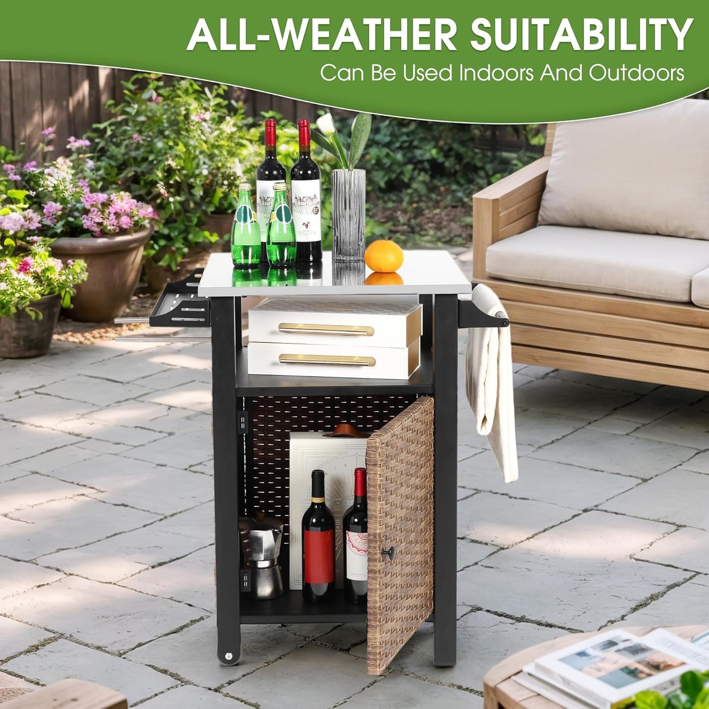 HOMEFUN Kitchen Island Cart Wicker Grill Prep Station & Stainless Steel Outdoor Serving Bar Table with Hooks Wheels Poolside Patio Grassland (Small)