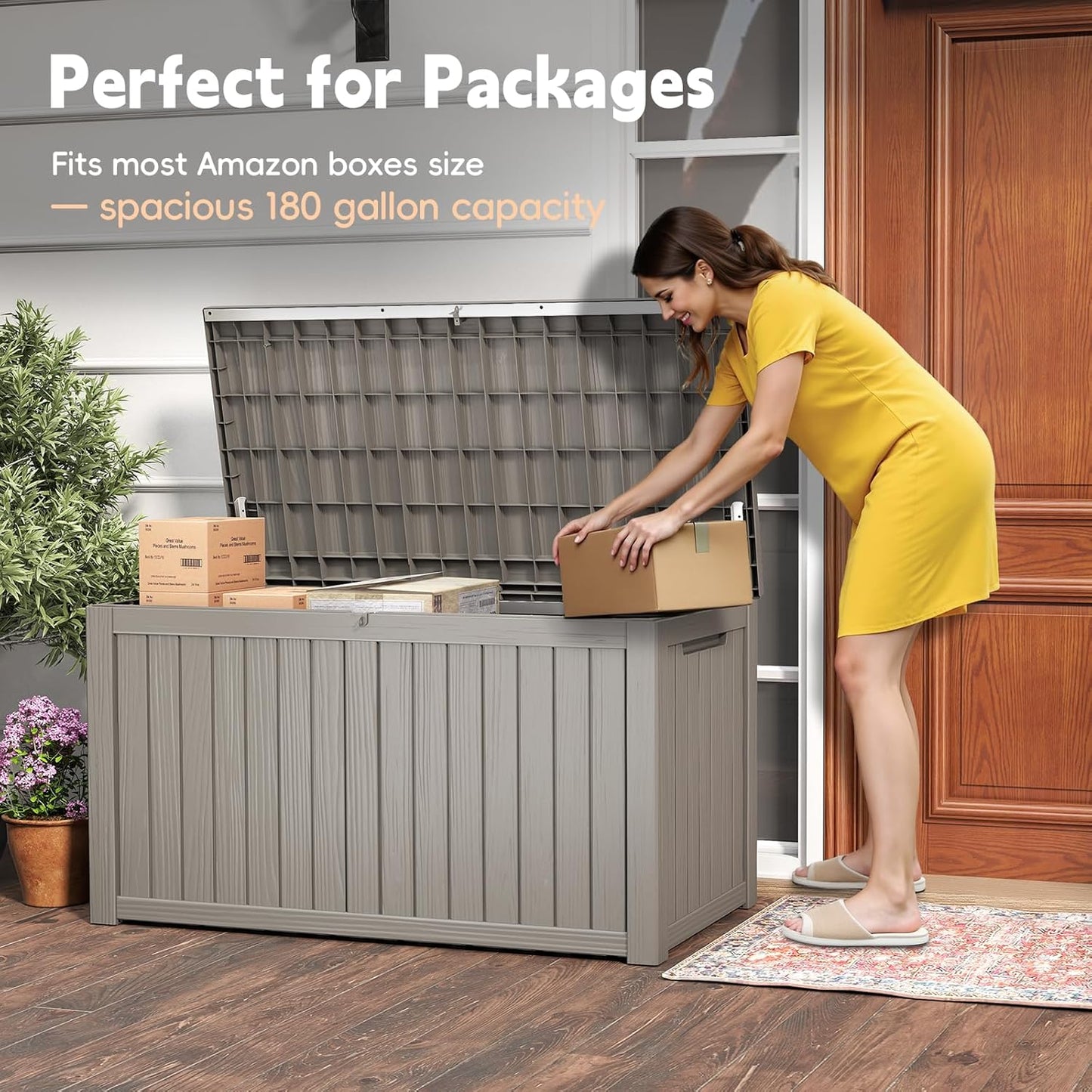 Outdoor Storage Box, 180 Gallon Waterproof Resin Deck Box, Storage Bin for Package Delivery, Patio Furniture Cushion, Garden Tools, Pool Accessories, Weatherproof and UV Resistant, Grey