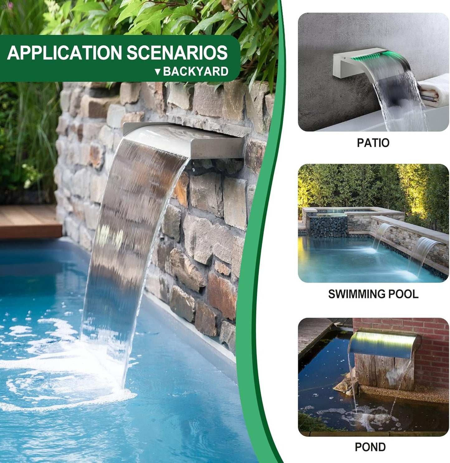 Waterfall Spillway, Stainless Steel Pool Fountain w/Top Open Lip & Pipe Connector Kits for Outdoor/Indoor Decorative, 11.8'' Pool Water Feature for Garden Patio, Backyard Koi Pond Decor