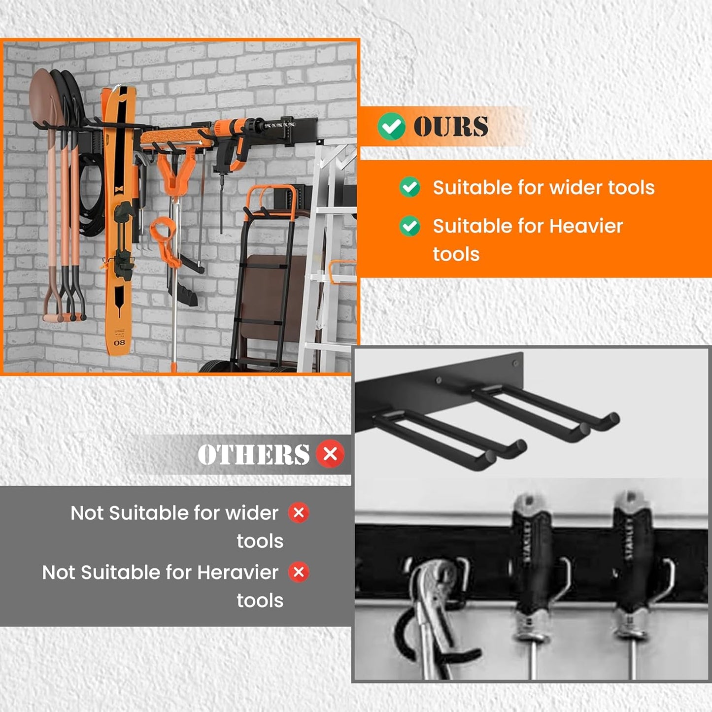 Garage Storage, Garage Organization, Garage Tool Organizer Wall Mount, Garden Tool Organization and Storage 48.1 Inches, Max 450lbs Adjustable Metal Hooks, Hangers Garden Yard Tool Rack,