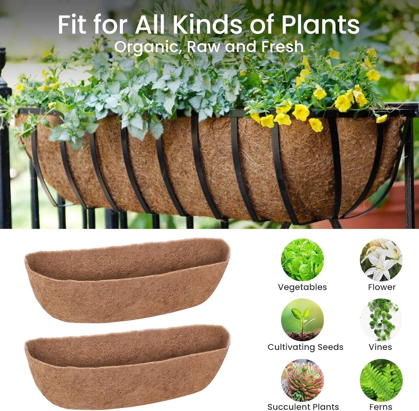 4 Packs 24 inch Hanging Basket Liner Trough Coco Coir Liner for Planter Replaceable Natural Coconut Fiber for Hanging Baskets Window Box Garden Fence Flower Pots Outdoor Indoor (4Pcs 24 inch)