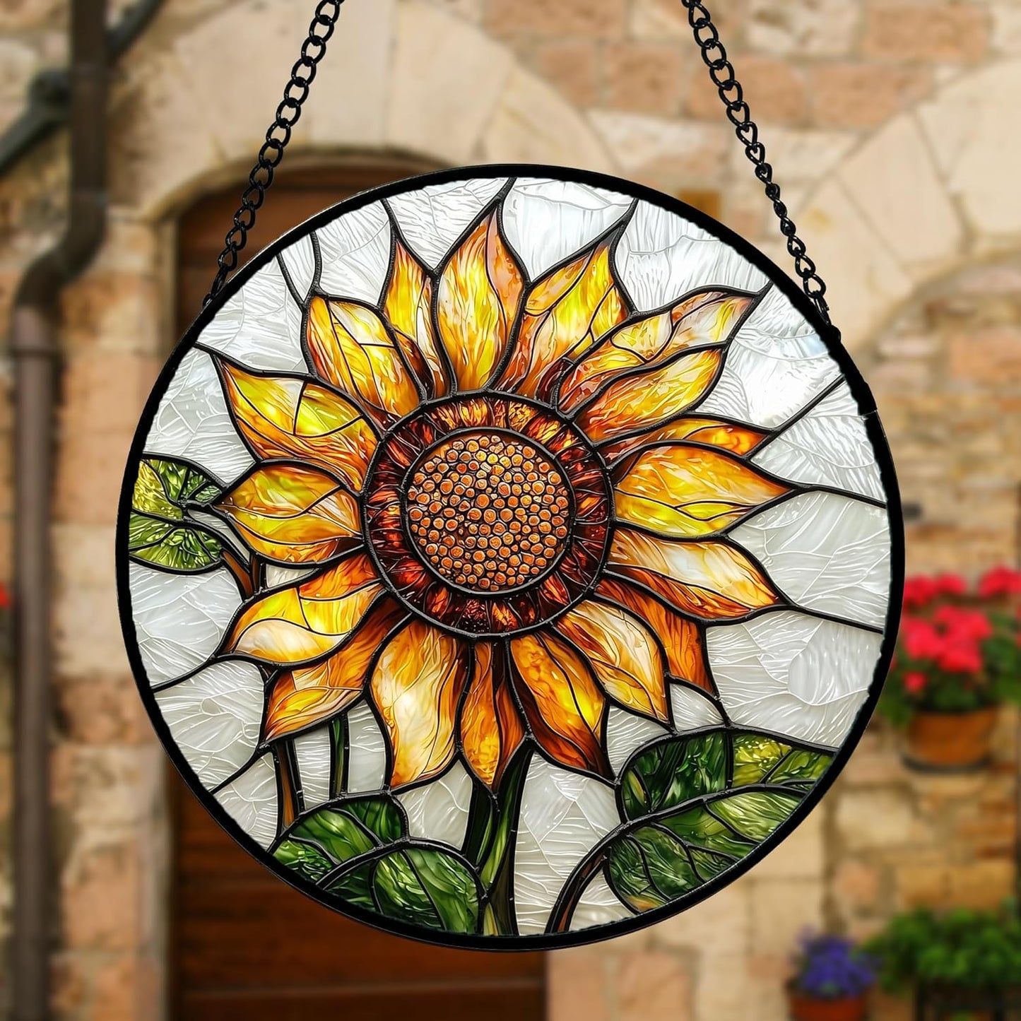 Stained Glass Window Hanging - Sunflower Flower Suncatcher Ready to Hang Window Doors Home Decoration and Christmas, Mother's Day Birthday Gifts for Women, Men, and Mom 9.8x9.8 in