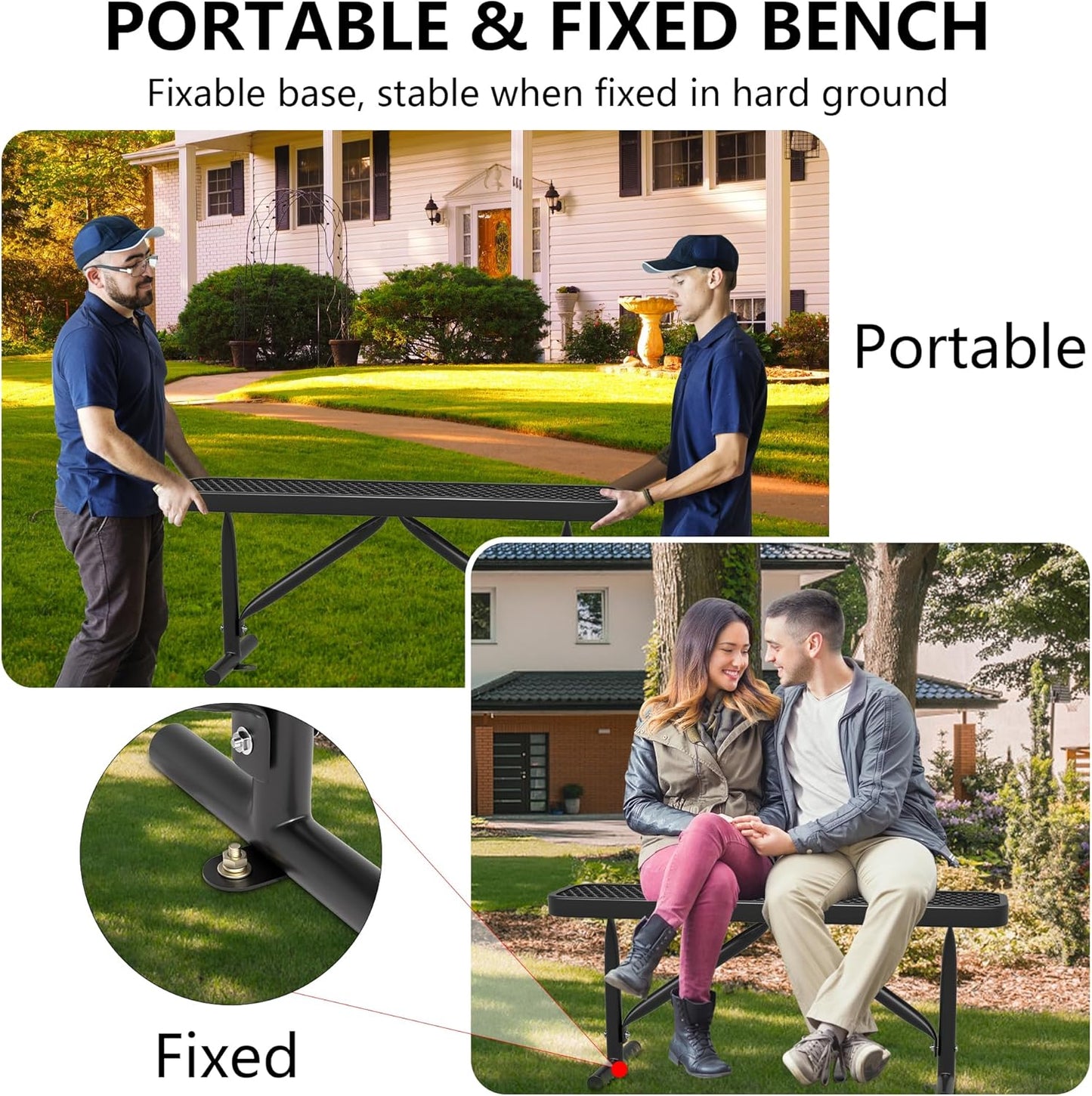 4 Feet Metal Park Bench for Outside, Outdoor Heavy Duty Garden Bench with Portable Frame, Commercial Benches for Shopping Mall, Store, Park, Patio, Deck, Black