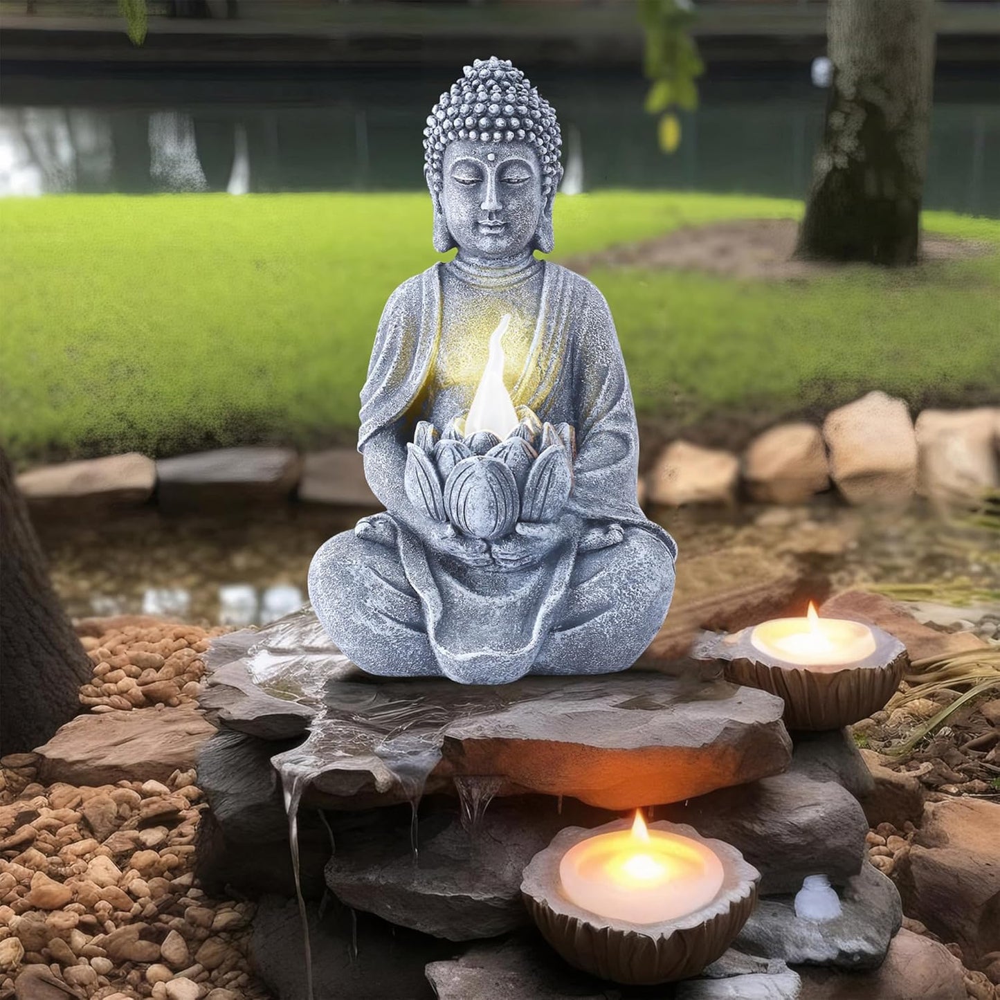 Goodeco Buddha Statue with Solar Lotus - Meditating Yoga Statues with Solar LED Lights, 8.1 Inches Sitting Buddha Serene Resin Figurine for Patio Yard Lawn Ornaments, Home & Outside (Grey Buddha)