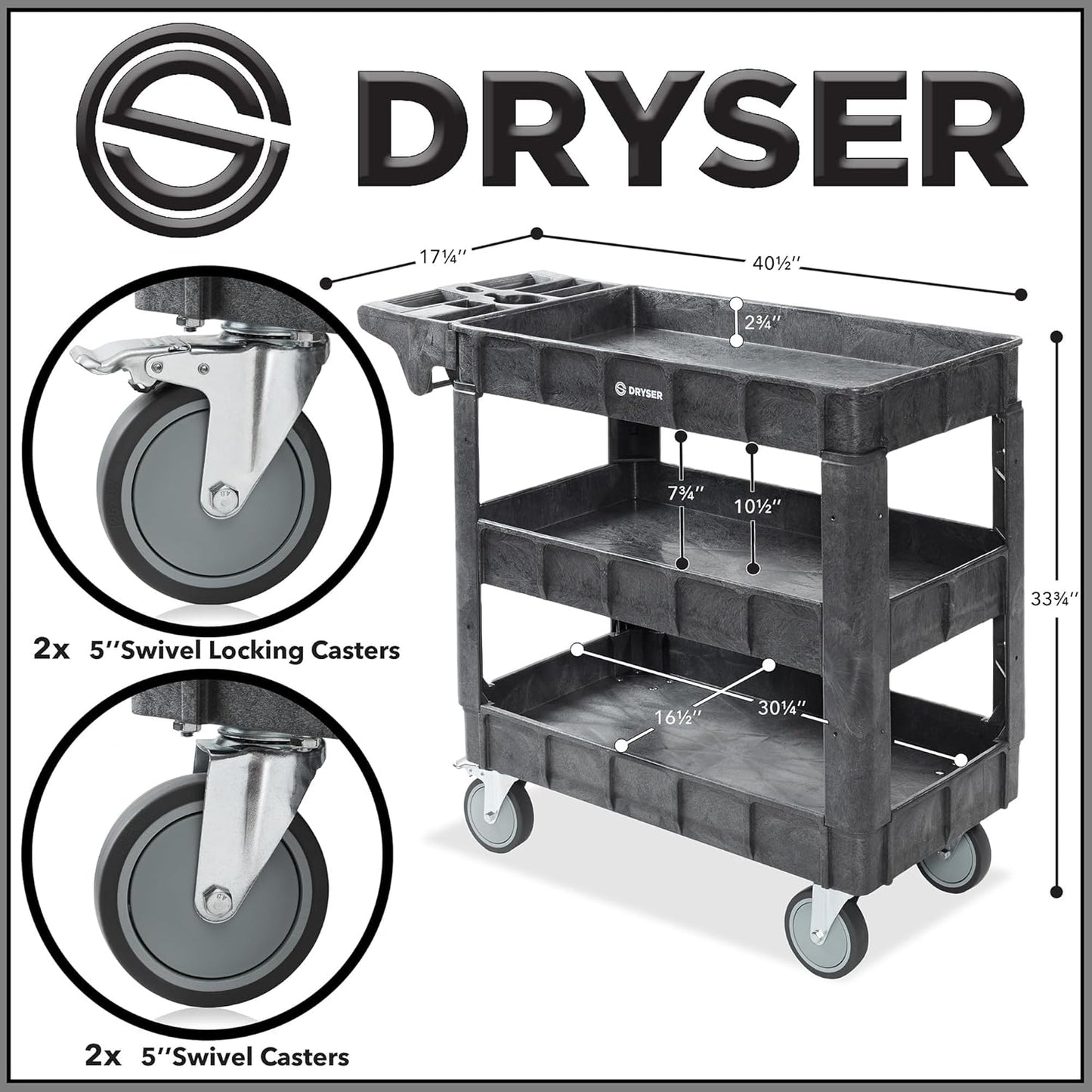 Dryser Utility Cart with Wheels, 40" x 17" Heavy Duty 550 lb. Capacity with Shelves - 3 Tier Rolling Cart with Four 5" Swivel Casters for Warehouse, Garage, Cleaning