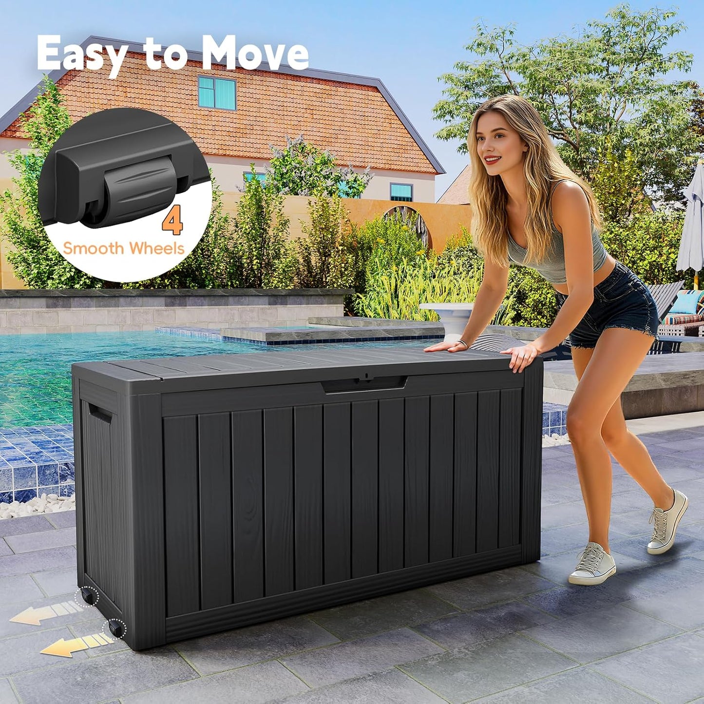 Outdoor Storage Box, 72 Gallon Waterproof Resin Deck Box, Storage Bin for Package Delivery, Patio Furniture Cushion, Garden Tools, Pool Accessories, Weatherproof and UV Resistant, Black