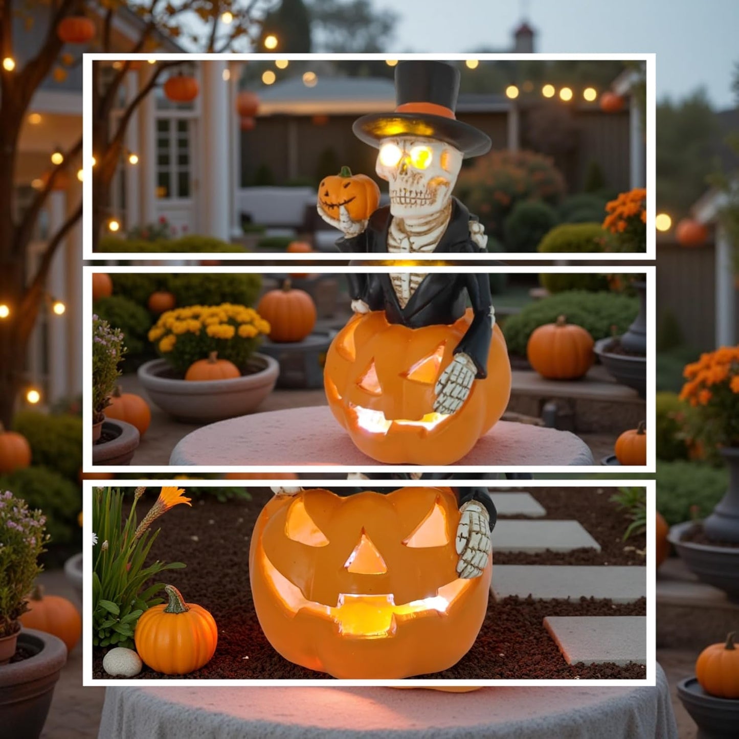 Halloween Decorations Solar Spooky Lights Outdoor Skull Pumpkin Figurine Light Garden Statue for Outside Patio Front Porch Yard, Led Fall Decor Jack-O-Lantern Home Decor Gifts (Orange-White Skull)