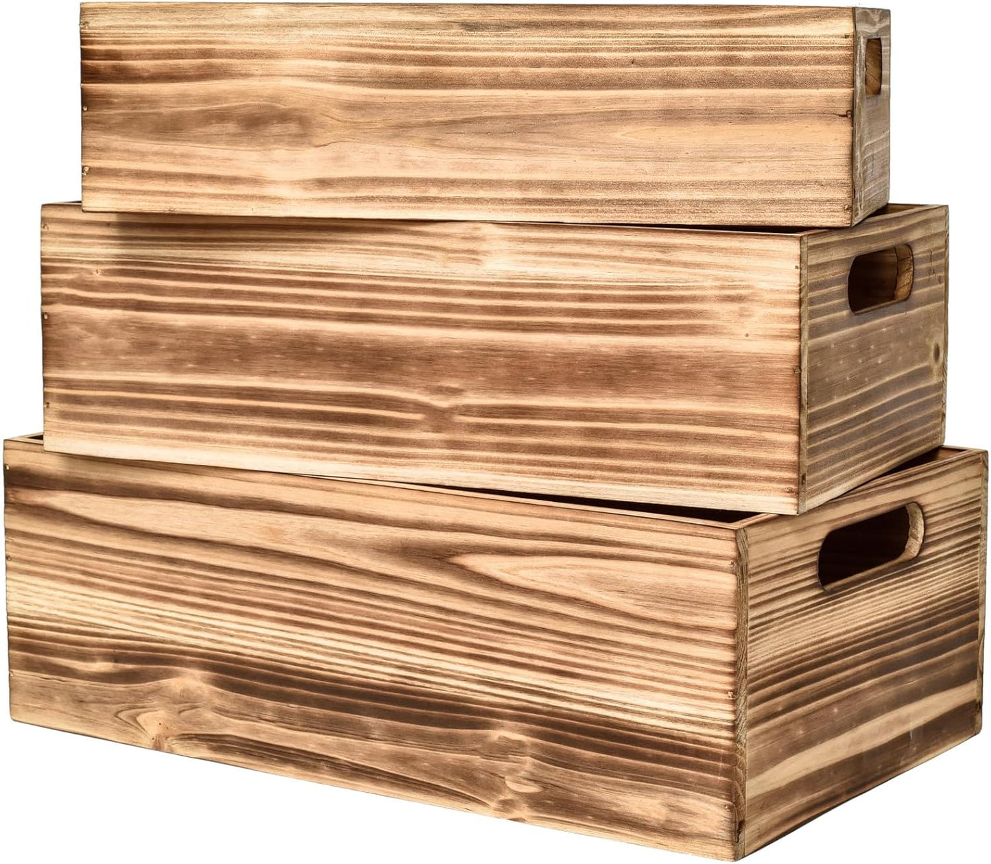 Set of 3 Wooden Boxes for Storage Small Torched Brown Wood Crates for Display and Organizing, Farmhouse Style Storage Boxes for Crafts Decor, Home Pantry and Living Room